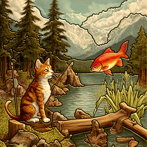 Mosaic in style of Heroes5GrailMosaic of cat sitting next to the lake and catching a big red fish by pulling it out of the lake with his fishing rod