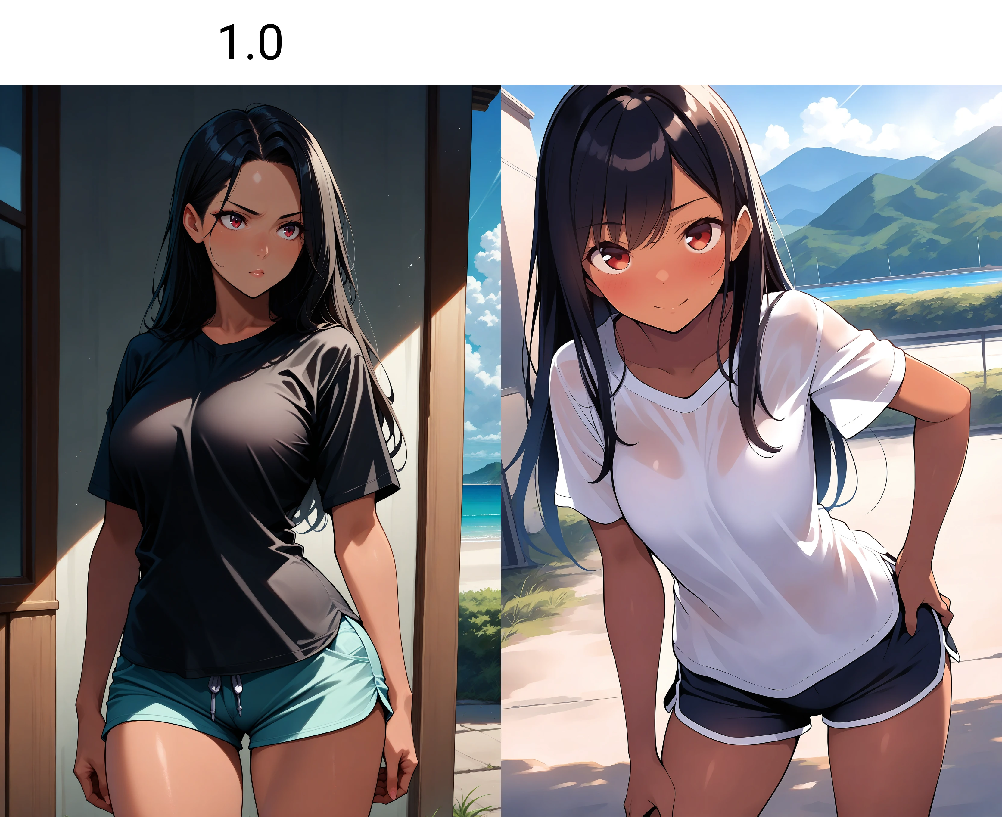 masterpiece, best quality, <lora:TCV_illusXL_Incrs_v3:1.0>, 1girl, red eyes, long hair, black hair, shirt, shorts, confident, outdoors, tan