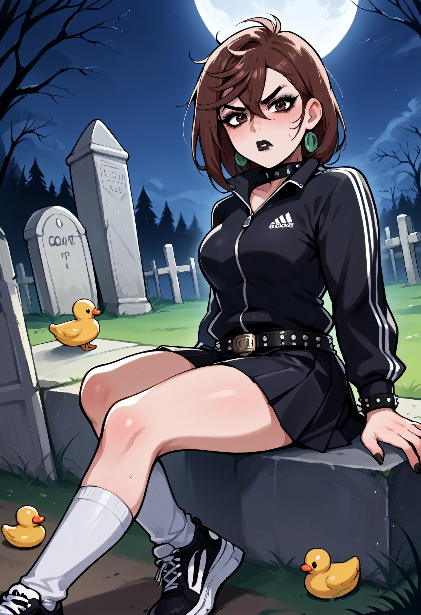 score_9, score_8_up,score_7_up, source_anime, 1girl, solo, aysmm, medium breasts, brown hair, brown eyes, medium hair, black choker, <lora:aysmm_pdxl_EliPot:1>,
 tsundere, :T, flustered, night, tombstone, graveyard, moon, moonlight, spooky, makeup, eyeliner, black lipstick, gothic, sound effects, looking at viewer, kneehighs, white legwear, sneakers, adidas, track suit, black jacket, miniskirt, black skirt, pleated skirt, studded belt, studded bracelet, studded collar, rubber duck, dutch angle