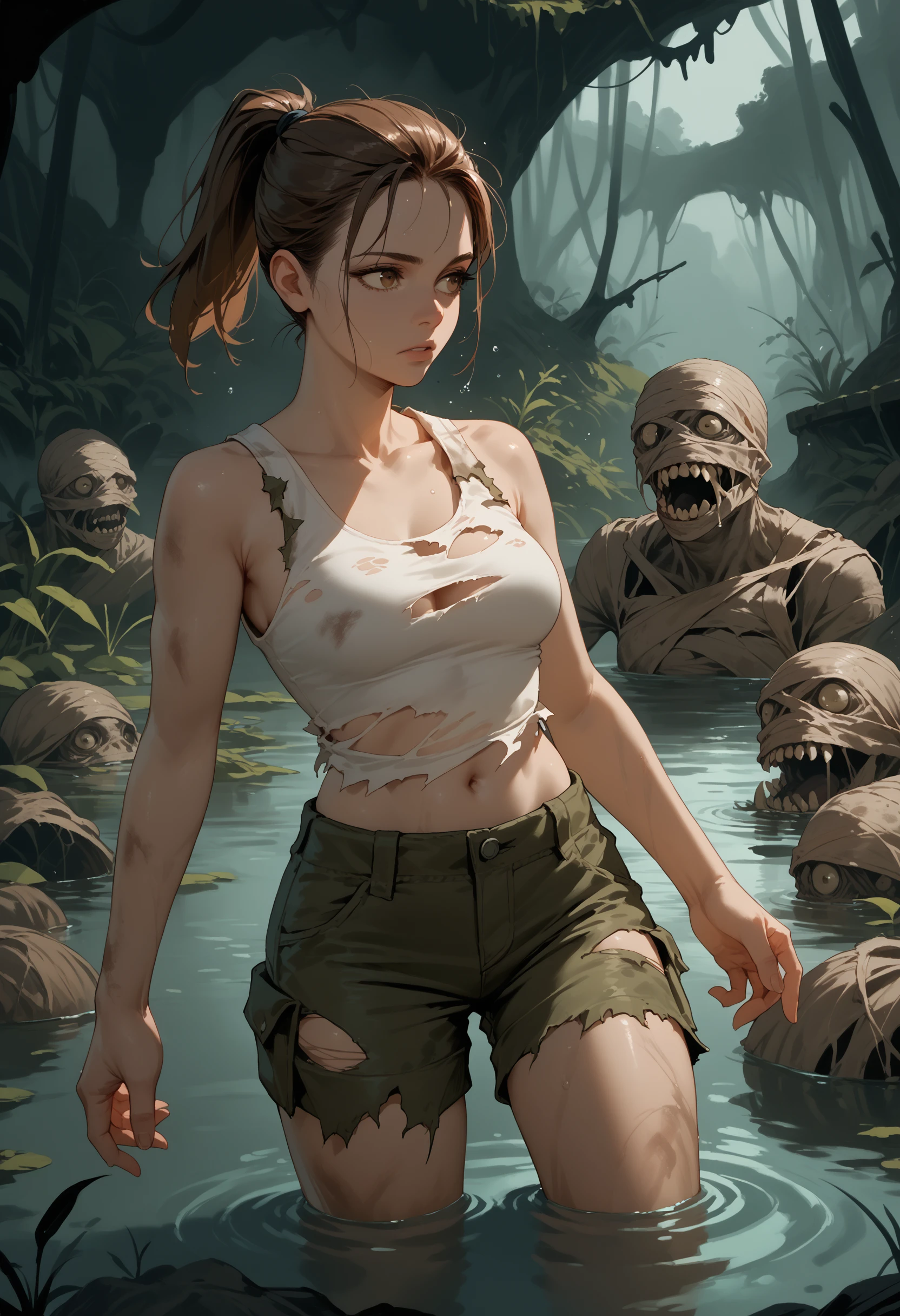 score_9, score_8_up, score_7_up, score_6_up, 1girl, brown hair, ponytail, tank top, cargo shorts, partially submerged, swamp,
monster, dark theme, torn clothes, 
<lora:mummy_v1.0-pony:1>