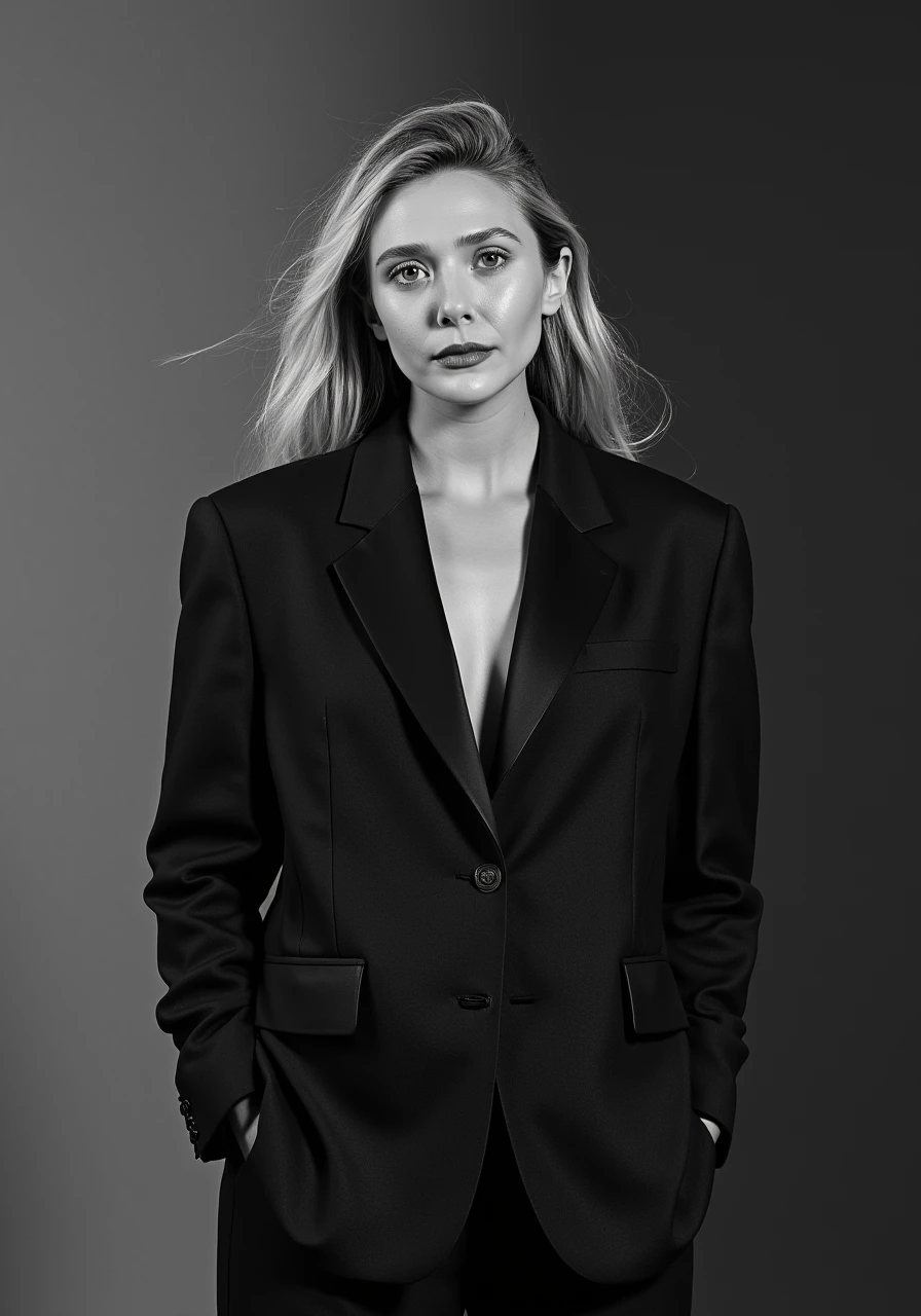 a high quality professional photo of "Elizabeth Olsen" during a fashion photo shoot, 
striking a pose in a stylish outfit that exudes confidence and elegance, natural hair and makeup, realistic lighting that accentuates her features, showcasing the latest fashion trends. 
The setting is a modern studio with minimalistic decor, focusing on the subject. Emphasize the concept of "Reality" by capturing genuine emotions and authentic moments during the photo session.
 The style is candid and raw, highlighting the behind-the-scenes of a fashion shoot, giving viewers a peek into the true essence of the fashion industry. 
Trending on social media platforms for its raw and unfiltered portrayal of the fashion world. Cannes Film Festival, high fashion, editorial, black and white photography, cinematic, storytelling, high detail, 8k.