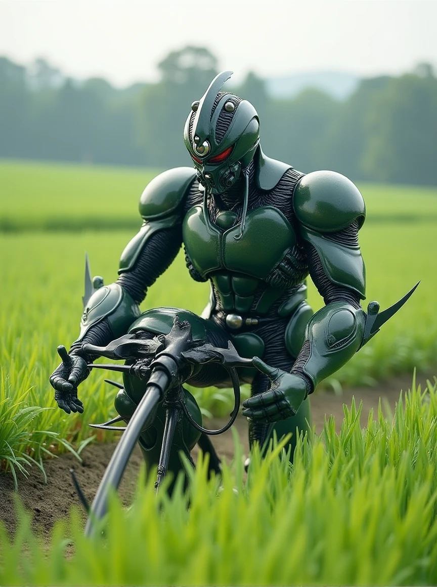 the guyver of biological armor,a farmer working on rice field with a high-tech hoe