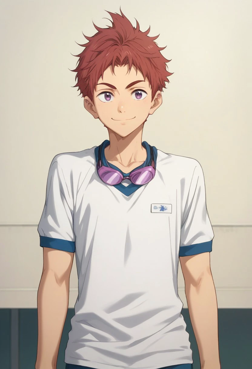 score_9, score_8_up, score_7_up, source_anime, highly detailed, 
asahi, 1boy, male focus, solo, red hair, purple eyes, shirt, white shirt, t-shirt, short sleeves, goggles, googles around neck, upper body, smile, closed mouth, pants,
outdoor,