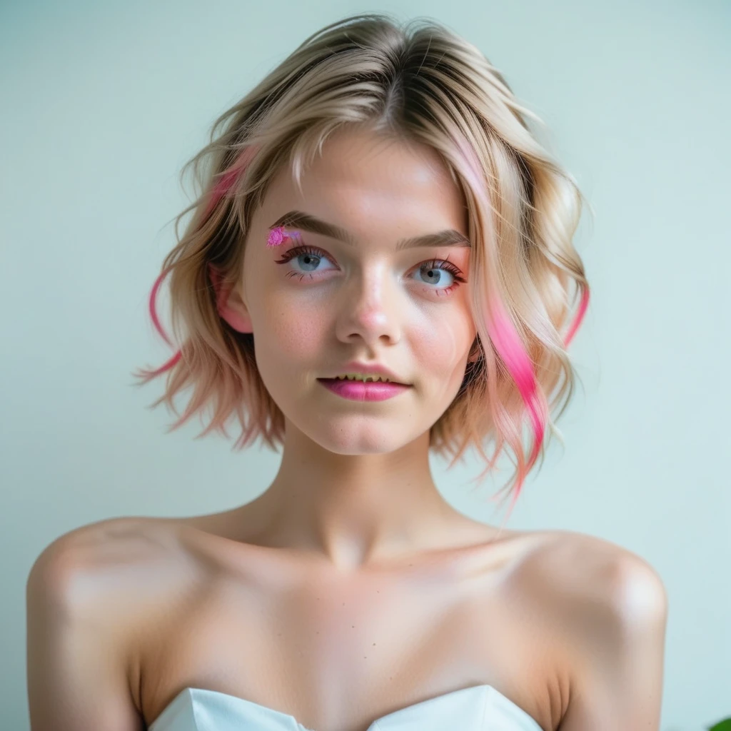 1girl, short blonde hair with pink streaks, pretty