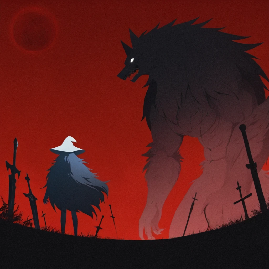 masterpiece, best quality, flat color, limited palette, no lineart, silhouette, weapon, ranni the witch, wolf boy, witch hat, full moon, planted sword, size difference, 1girl,  ranni the witch blaidd the half-wolffur cloak, long hair, giant, furry male, cape, height difference, werewolf, red sky, from side, greatsword, sharp teeth, 1boy, open mouth, standing