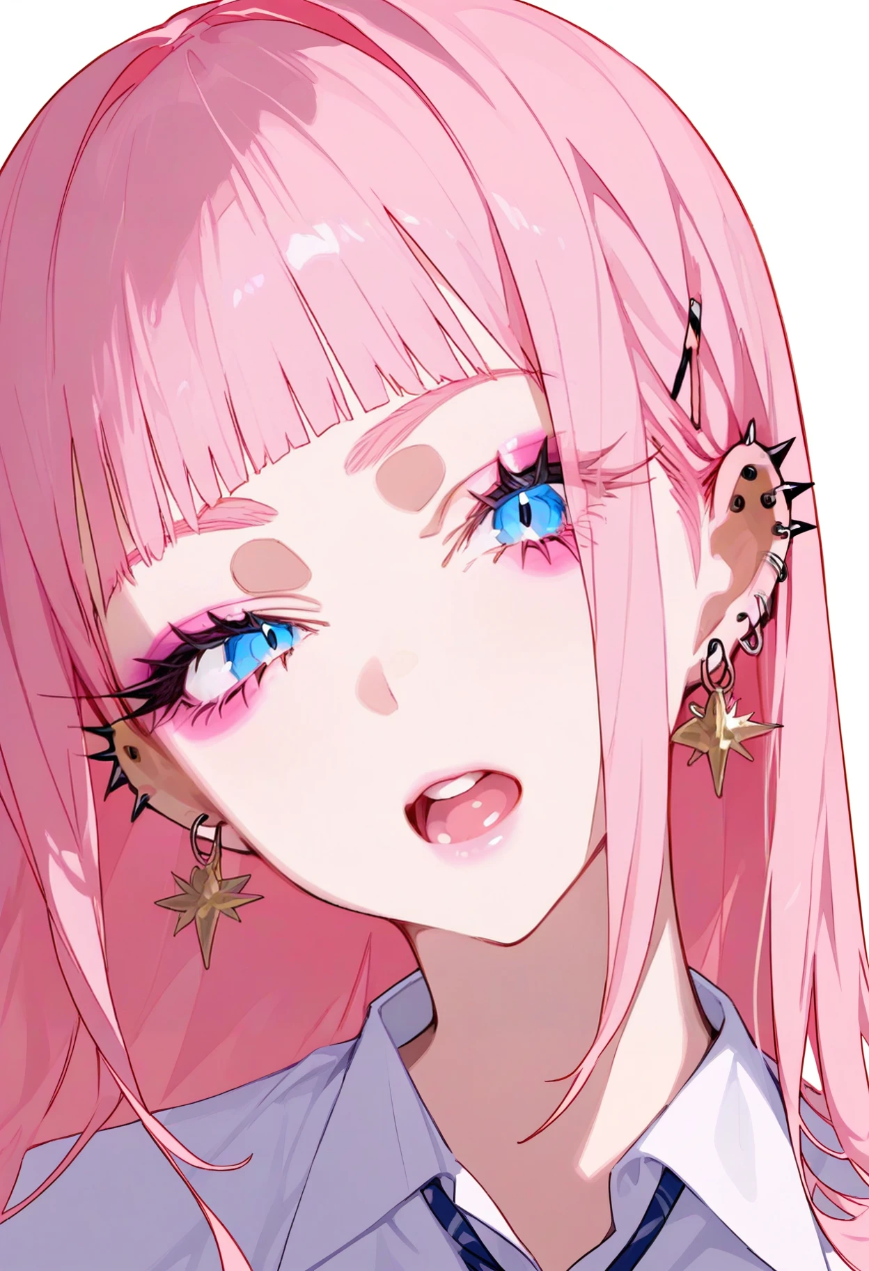 <lora:SagawaSDXLstyle:1>, best quality, masterpiece, SagawaStyle, 1girl, jewelry, earrings, ear piercing, pink hair, blue eyes, open mouth, collared shirt, white background, blunt bangs, long hair, simple background, upper teeth only, white shirt, hair ornament, hairclip, looking at viewer, long eyelashes, jacket, blue necktie, portrait, makeup, pink lips, pink eyeshadow, head tilt, industrial piercing, tongue, sidelocks