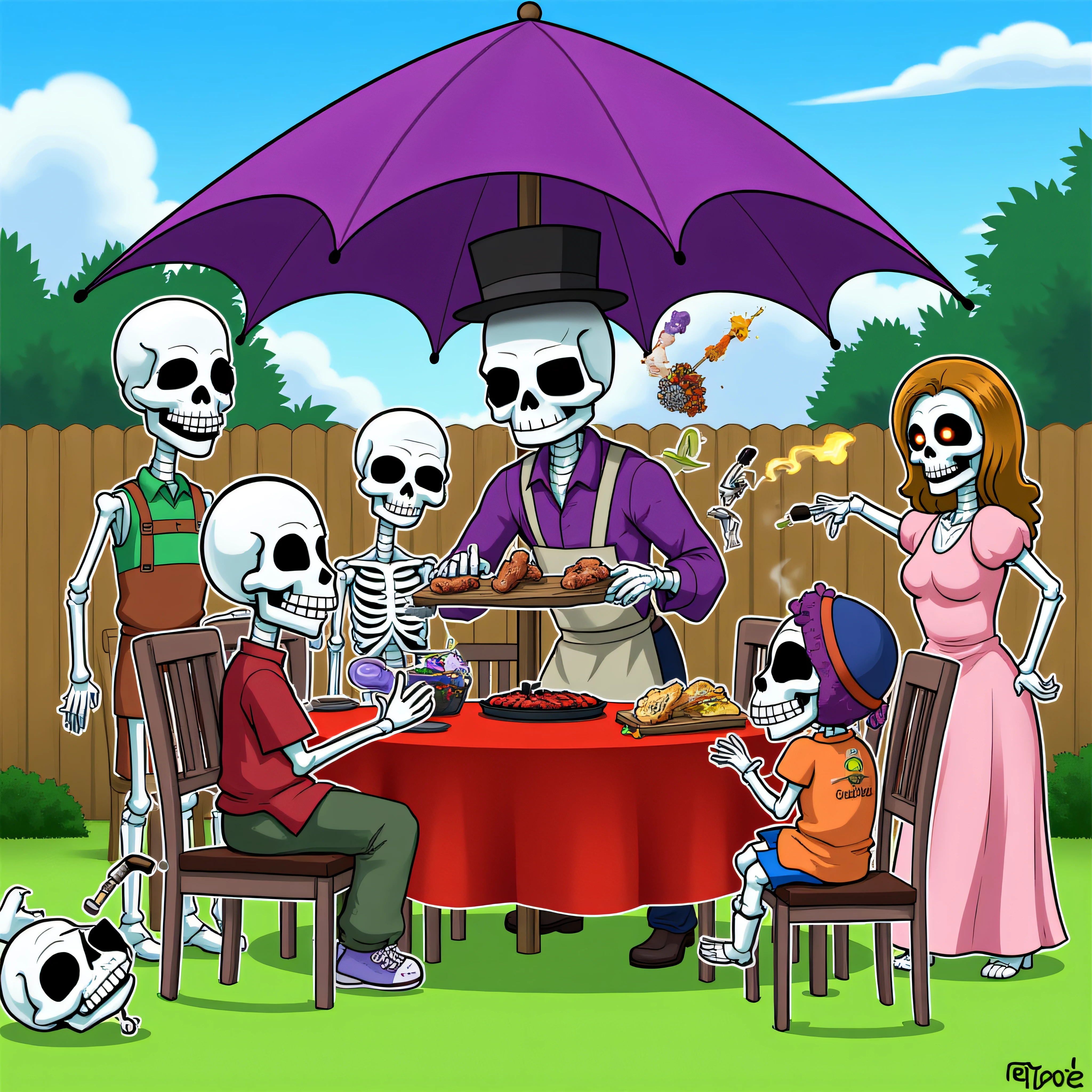 <lora:Flux\Eigen loras\Toons.safetensors:1.0>, 
The image shows a group of people gathered around a table in a garden. There are six skeletons in the image, all wearing Halloween costumes. The table is covered with a red tablecloth and there is a large purple umbrella in the background. The skeletons are gathered around the table, with one skeleton sitting on a chair and another standing next to it.

In the center of the table is a man wearing a purple shirt and apron, holding a tray of food. He is standing in front of a barbecue grill with meat cooking on it. To his right, there are two children, one wearing a green shirt and the other wearing a red shirt with a skull on it, both of them are holding skewers and appear to be enjoying the barbecue. On the left side of the image is a skeleton lying on the ground, and on the right side is a woman wearing a pink dress and holding a bouquet of flowers. The background shows a wooden fence and trees, and the sky is blue with a few clouds.