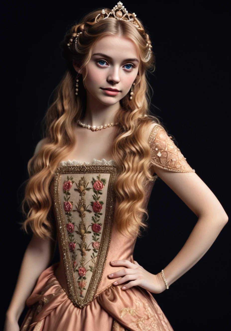 <lora:PrincessEleanor:0.7> PrincessEleanor, simple black background, hand on hip, jewelry, dress, tiara