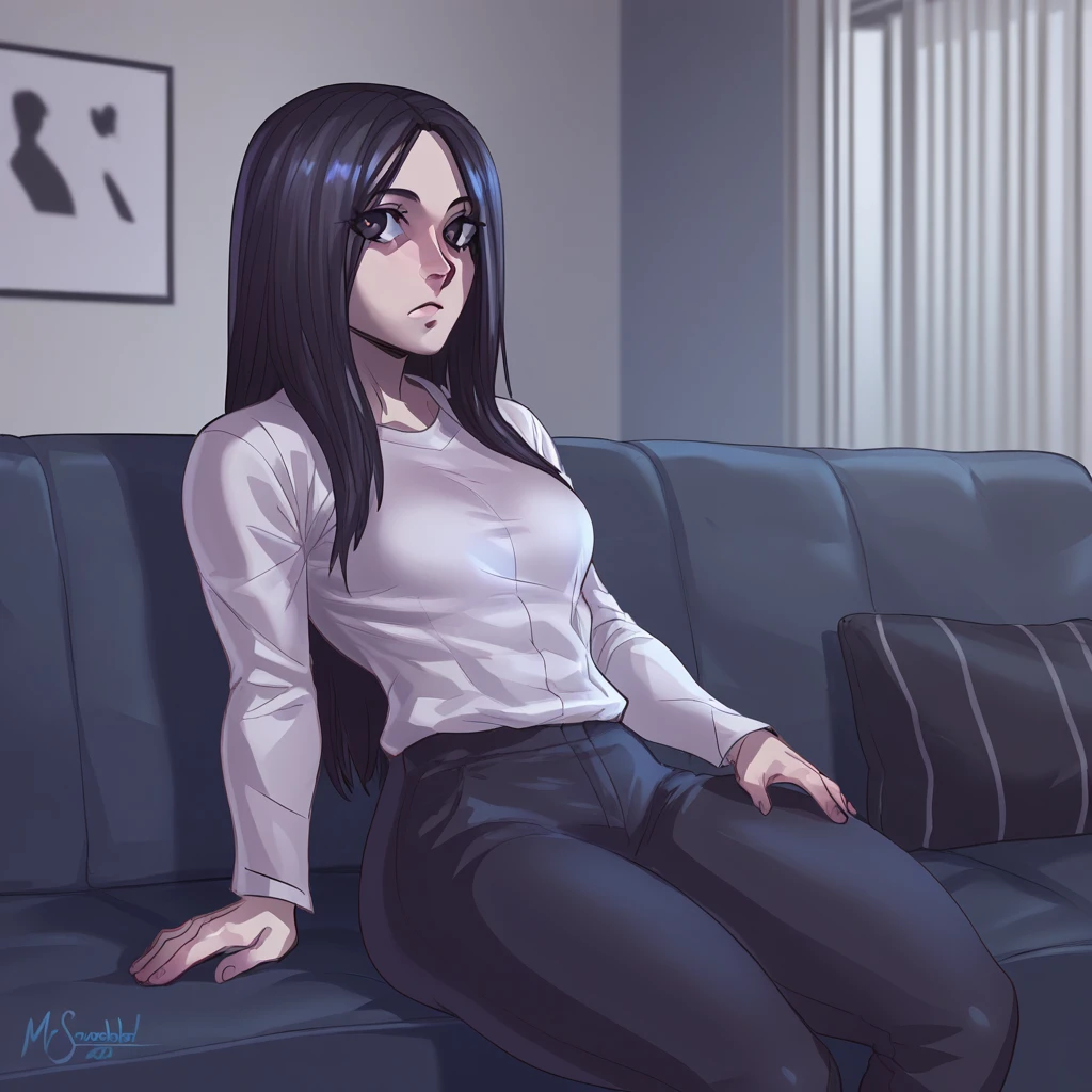 score_9_up, score_8_up, score_7_up, BREAK, MrScrambled, 1girl, solo, black hair, long hair, black  eyes, white shirt, black pants, <lora:MrScrambled_Style_PonyXL_V2:1>, indoors, sitting on couch