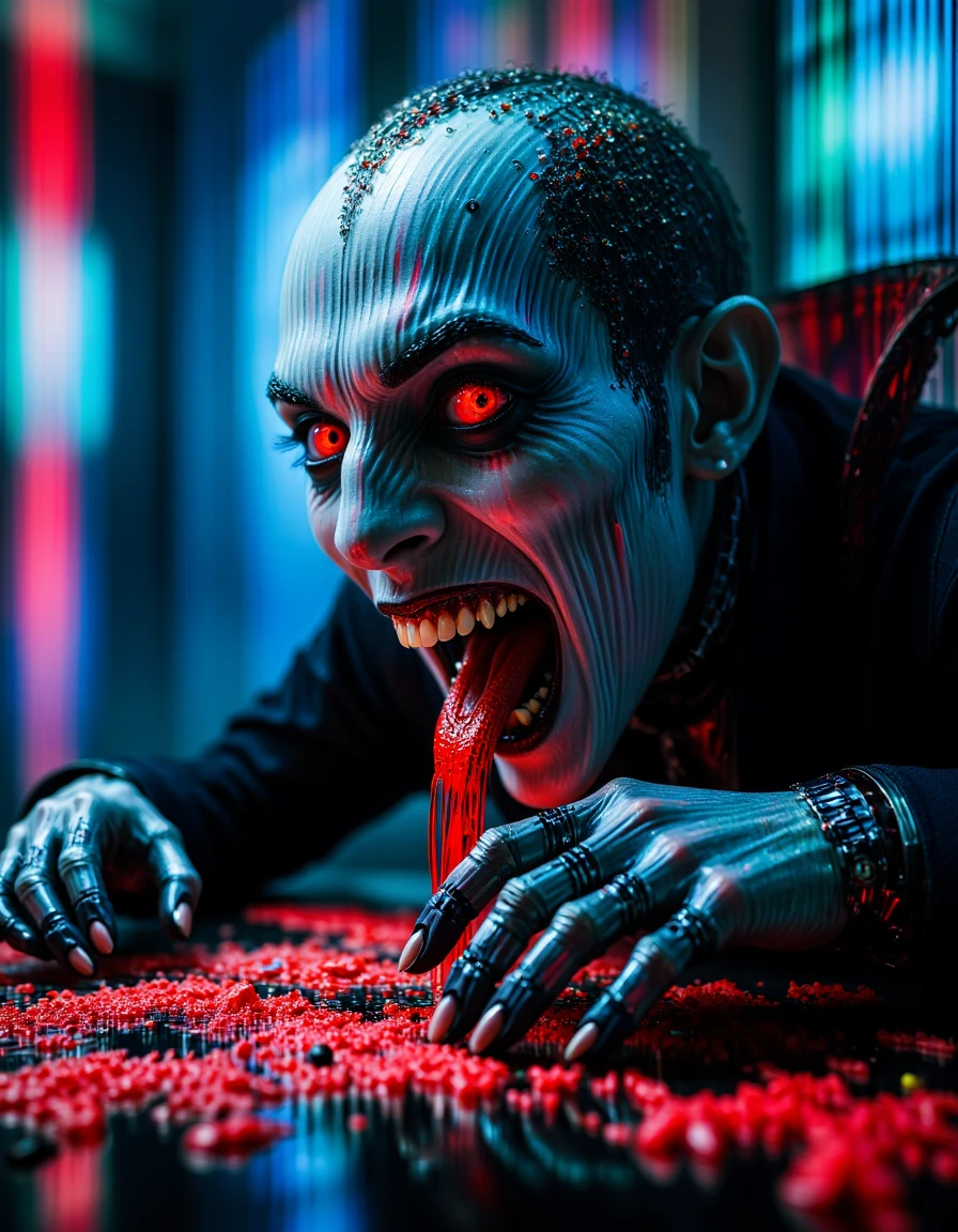 A synthetic vampire, its teeth metallic and eyes glowing red, feasting on the blood of a cyber-enhanced human while glitching holographic ads play in the background.