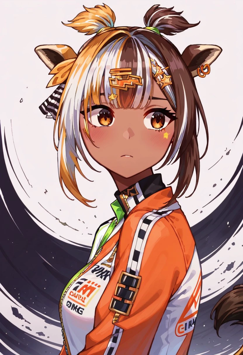 score_9, score_8_up, score_7_up, pretty woman, 21 year old, 1girl, far, wideview, brown eyes, ((from side)), ((looking away)), kiri kilovolt, virtual youtuber, multicolored hair, dark skin, ((single pantsleg)), fingerless gloves, giraffe ears, giraffe tail, star hair ornament, voltage hair ornament, high cut bodysuit, racing jacket, giraffe haircut, green handkerchief on arm, white belt, high sneakers, racetrack background, empty racetrack, skid marks, looking over edge, closeup, high FOV