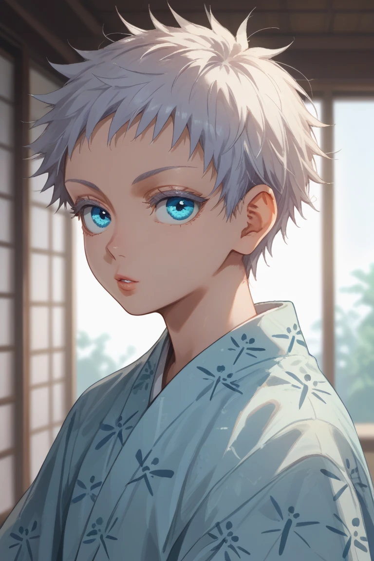 score_9, score_8_up, score_7_up, score_6_up, score_5_up, score_4_up, yg_gojo, white hair, blue eyes, solo, short hair, parted lips, looking at viewer, japanese clothes, portrait, kimono, 1boy, eyelashes