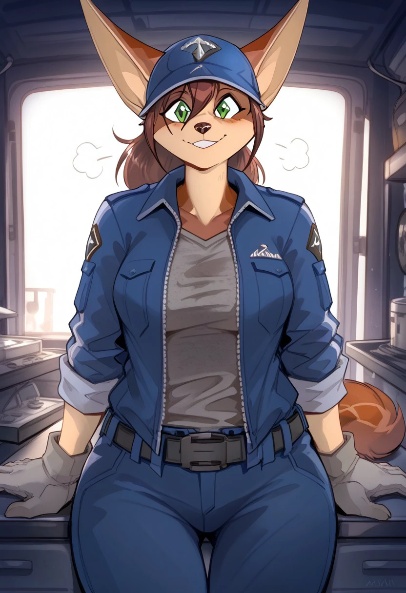 Tsenaya,
female, 1girl, solo, alone, furry, jackal, ears pointing up, green eyes, diamond shaped pupils, long hair, ponytail, furry tail,
brown hair, brown fur,
mechanic, grayish-blue cap, grayish-blue jacket, open jacket, sleeves rolled, gray shirt, gray gloves, belt, grayish-blue pants,