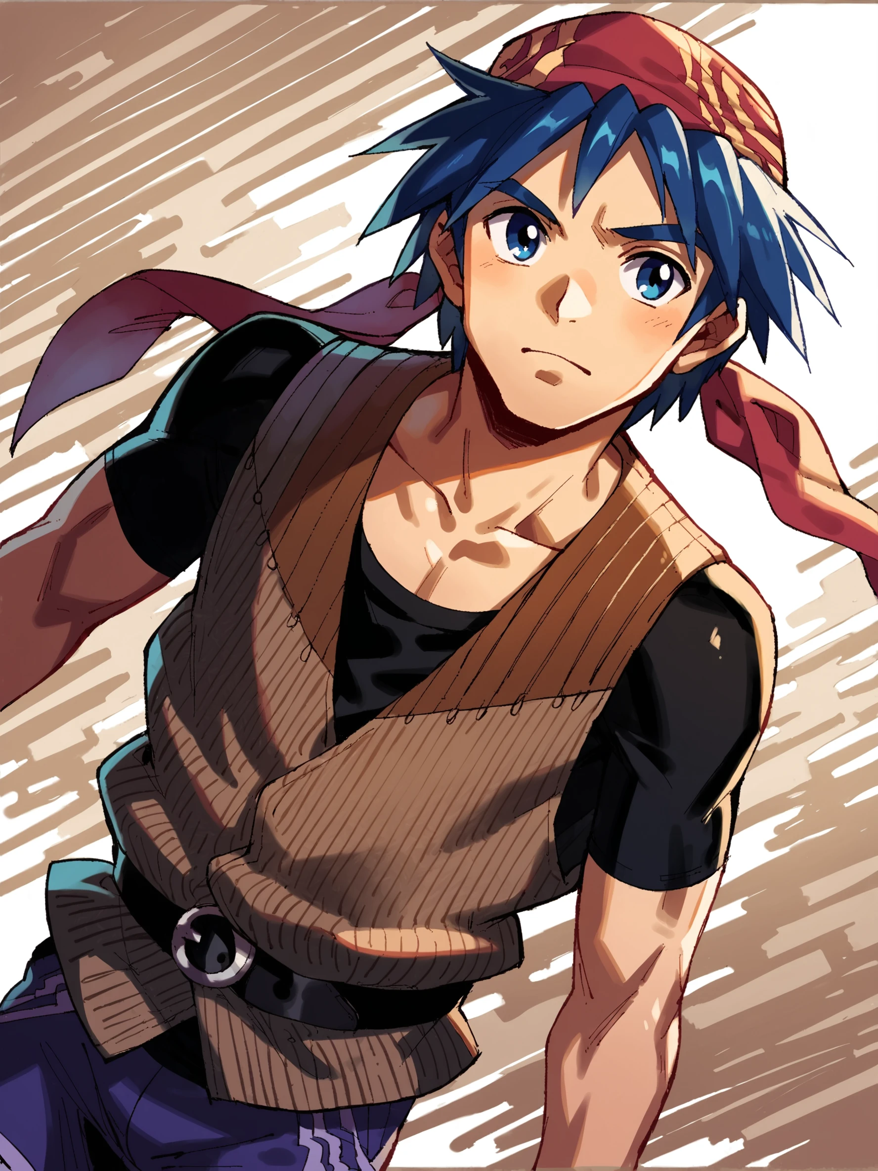 score_9, score_8up, score_7up, score_6up, score_5up, score_4up, dynamic angle, dutch angle, abstract background, source_cartoon, rating_safe, BREAK
solo, 1boy, cc_serge, bandana, blue hair, blue eyes, vest, purple shorts, BREAK
 <lora:Serge_-_Chrono_Cross_-_PDXL:1>