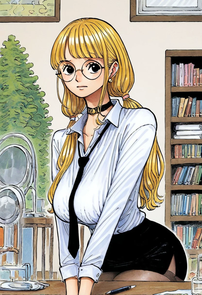 score_9, score_8_up, score_7_up, score_6_up, Masterpiece, 1girl, face focus, face close up, large breasts, saggy breasts, thick thighs,
1girl, blonde hair, blunt bangs, long hair, low twintails, wide hips, Black eyes,
White collared shirt, black tie, pen skirt, pantyhose, choker, round glasses, indoors