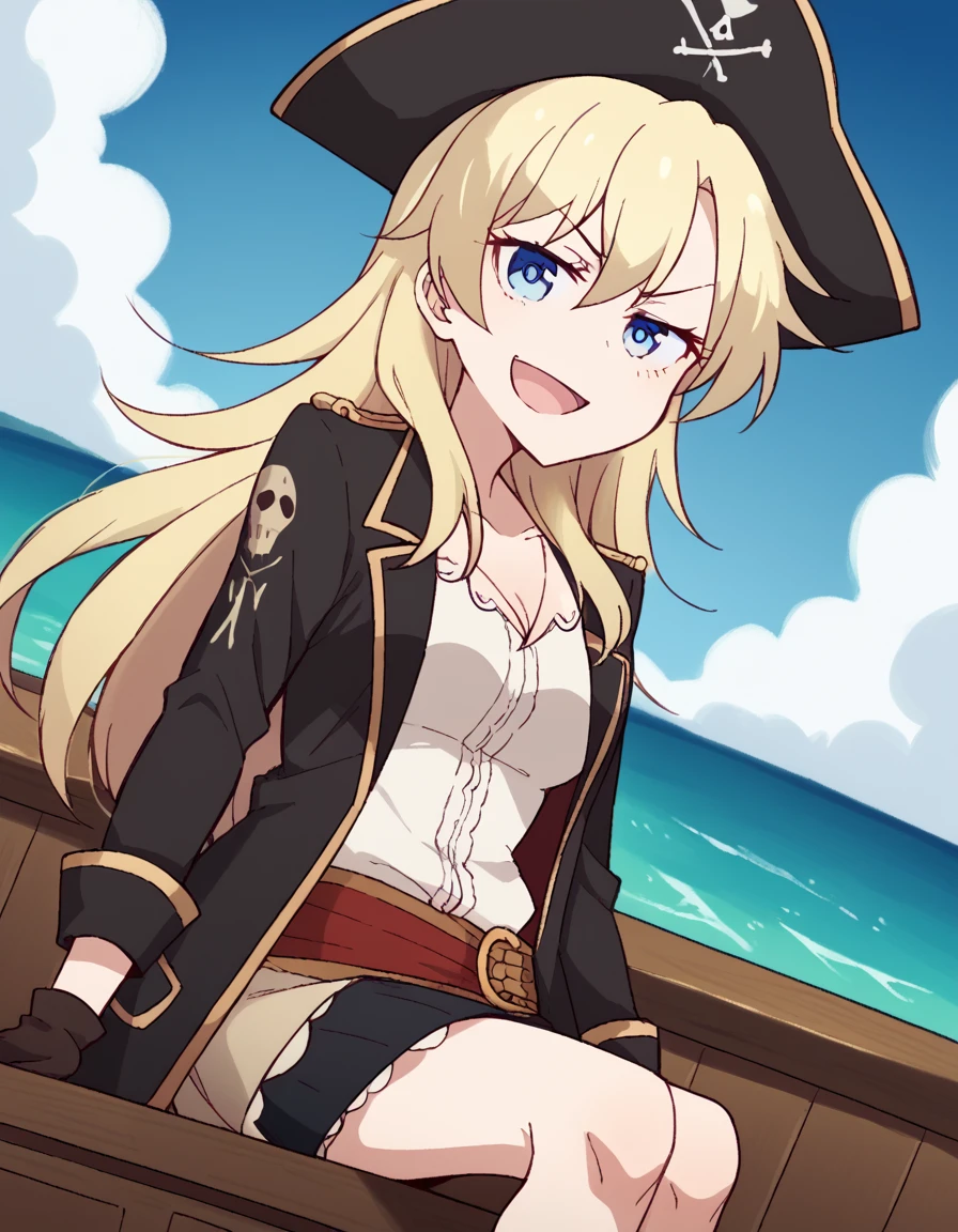 score_9, score_8_up, score_7_up, source_anime, <lora:kou-yagami-s2-ponyxl-lora-nochekaiser:1>, kou yagami, long hair, blue eyes, blonde hair, medium breasts,, <lora:pirate-costume-ponyxl-lora-nochekaiser:1>, pirate costume, pirate hat, skirt, gloves, jacket, shirt, eyepatch,, blue sky, sea, ocean, pirate ship, treasure, gold, smug, open mouth, from below, sitting,, , dutch angle, cowboy shot