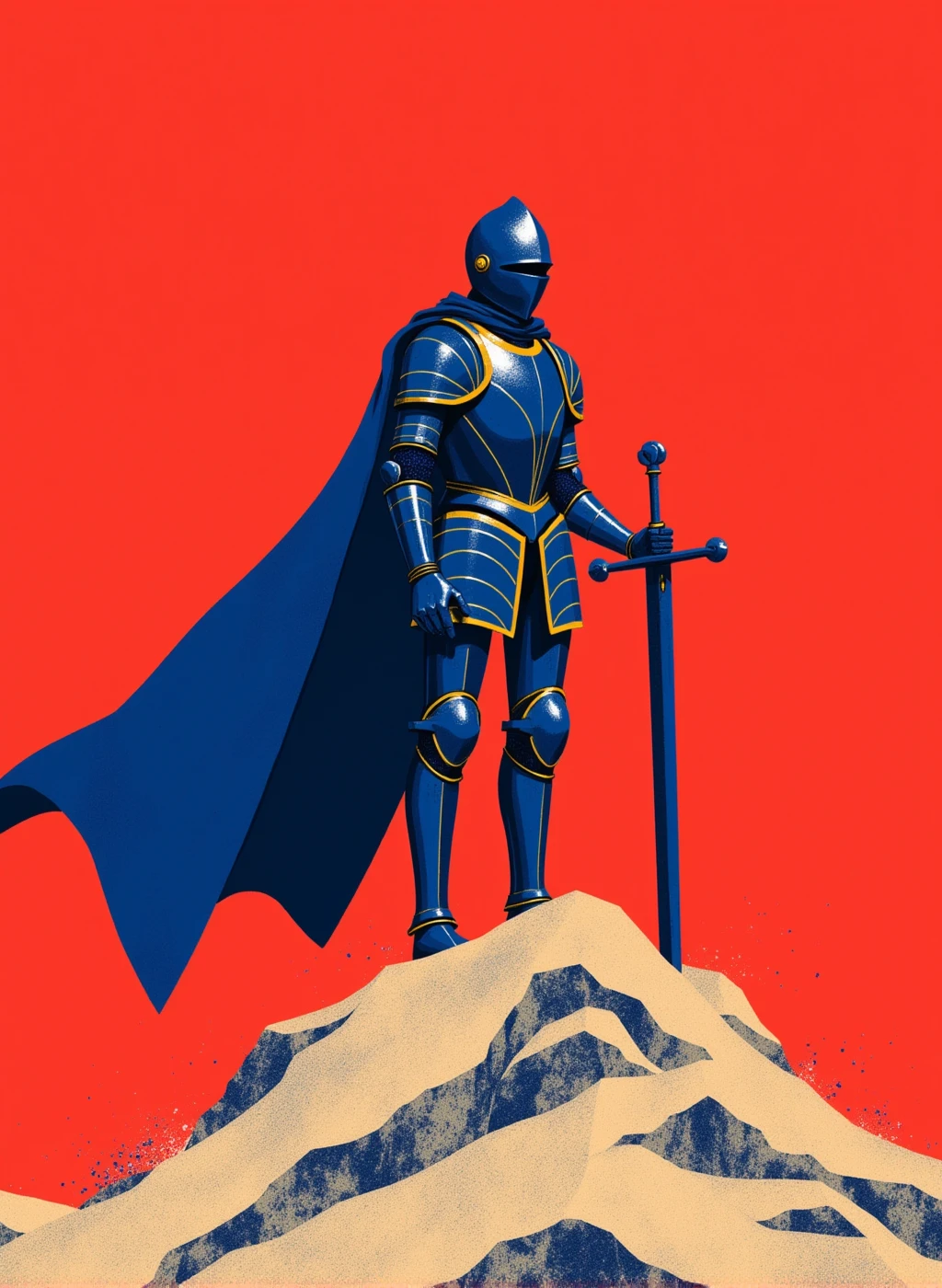 r0ygb1v style, This illustration depicts a striking knight figure rendered in a stylized, almost robotic design, standing in a dramatic pose against a vivid red sky. The armor is rendered in deep metallic blue with gold trim detailing, featuring segmented plates that suggest both medieval armor and mechanical components. The knight stands atop a rocky outcrop in a heroic stance, holding a sword with a distinctive cruciform handle. The artwork employs a bold, limited color palette of deep blues, bright red, and sandy beige for the landscape, with subtle highlights that give the armor a glossy, metallic finish. The design combines classical medieval knight imagery with modern, streamlined aesthetics, creating a unique fusion of ancient and futuristic elements. The composition is enhanced by scattered blue particles or sparks in the background, and a flowing cape adds dynamic movement to the otherwise rigid armored figure.
