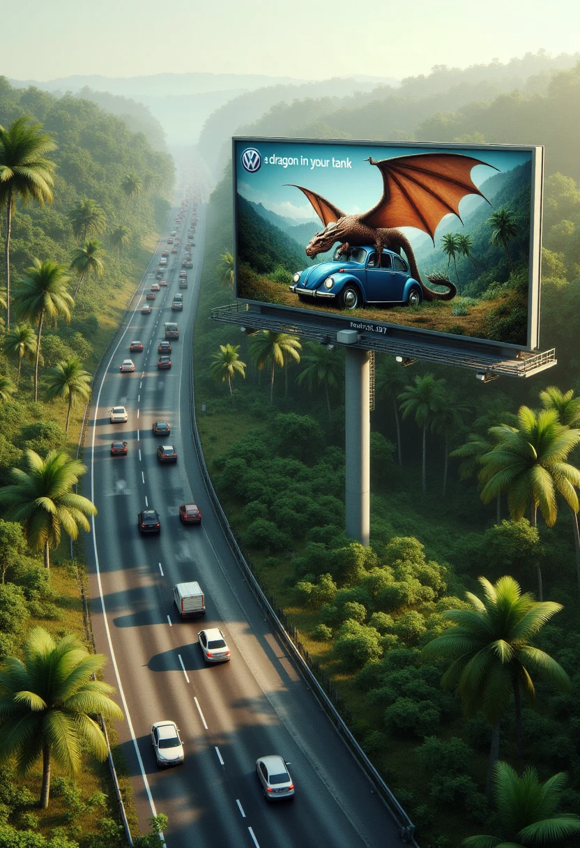 <lora:Billboard_Builder_FLUX-000011:0.8>  
The image is a highly detailed, realistic CGI rendering of a scene featuring a lush, tropical landscape. The primary subject is a large billboard on the right side of a multi-lane highway, depicting a realistic, slightly stylized dragon with large wings mounting a VW Beetle from behind, along with the VW logo and the stylized text "a dragon in your tank". 
The highway stretches into the distance, with multiple lanes filled with cars, including sedans and SUVs, moving in both directions. The road is well-maintained with clear lane markings. The scene is set in a dense, tropical forest, with lush greenery including tall palm trees, ferns, and dense foliage on both sides of the road.