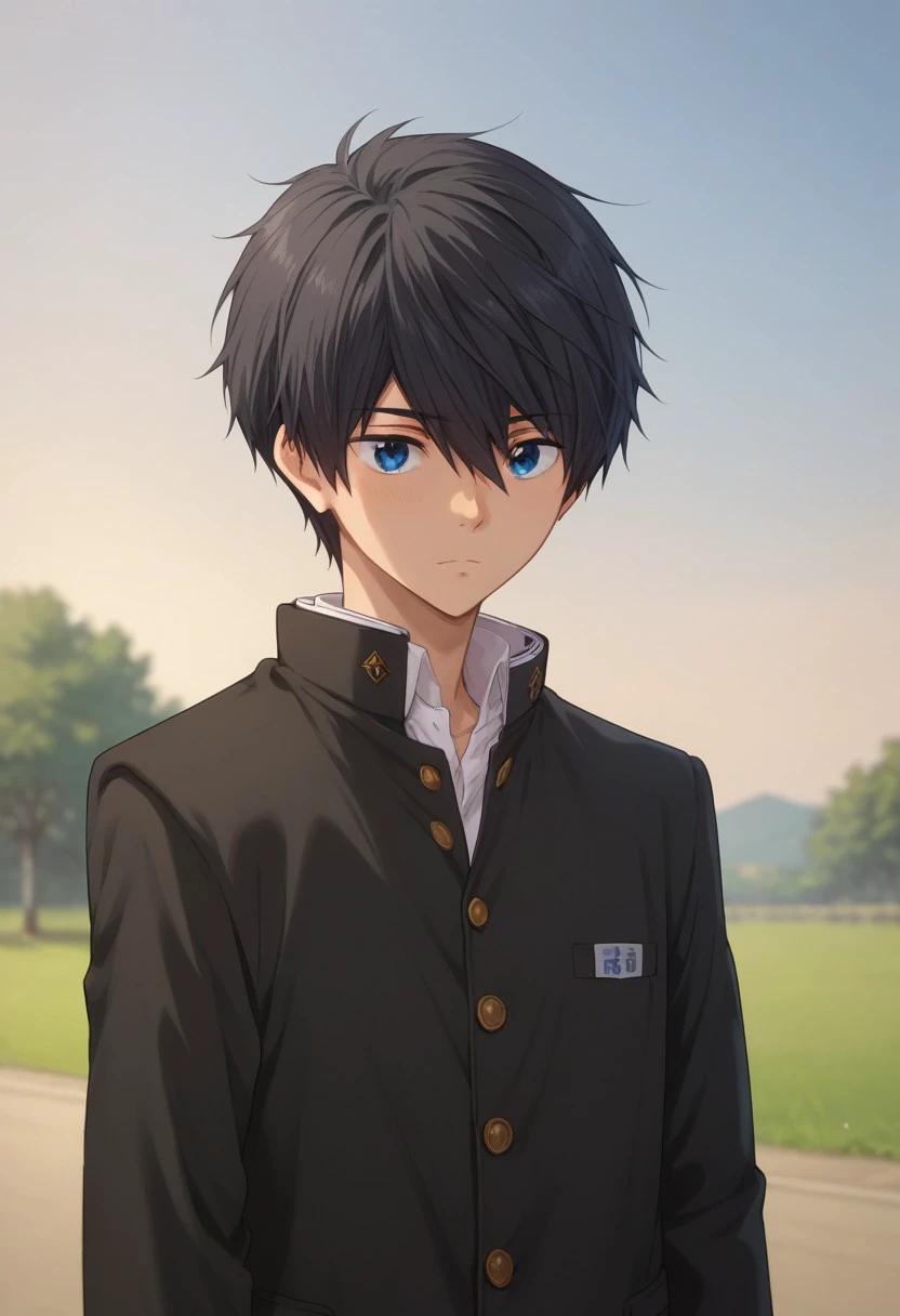 score_9, score_8_up, score_7_up, source_anime, highly detailed, 
haruka, 1boy, male focus, solo, black hair, short hair, hair between eyes, blue eyes, school uniform, gakuran, jacket, black jacket, upper body, slender, skinny,
outdoor, sky,