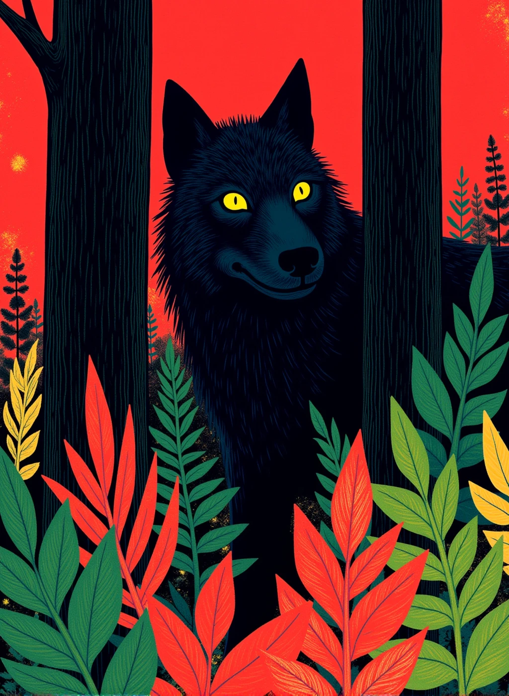 r0ygb1v This illustration captures a striking scene of a black wolf with piercing yellow eyes and black pupils emerging from a mystical forest setting. The artwork employs a distinctive limited color palette featuring deep navy blues, various shades of forest greens, bright coral reds, and a dark red background. The composition is layered with silhouetted tree trunks in the foreground and background, while decorative fern-like foliage in both green and vibrant red creates a lush forest floor. The wolf's fur is rendered with detailed texture, appearing almost bristled and dark against the lighter backdrop. The overall aesthetic combines elements of traditional Japanese woodblock prints with modern digital illustration techniques, creating a moody, atmospheric piece that balances both menace and beauty in its forest setting. 