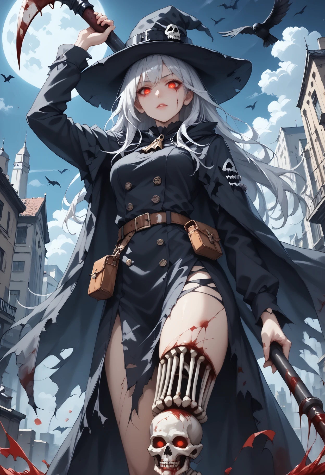 score_9, score_8_up, score_7_up, 1girl, white hair, long hair, solo, looking at viewer, red eyes, glowing eyes, hat, holding scythe, torn clothes, blood, glowing, black cloak, belt pouch, skeleton, leg bones, arm up, blood tears, crow, sky, cloud, night, building, full moon, city, bridge, lamppost, from below, close up