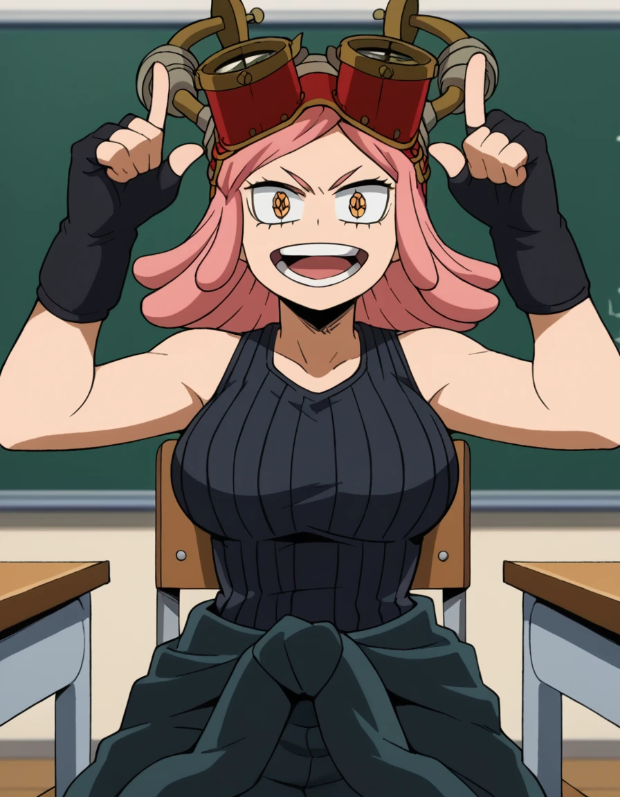 score_9, score_8_up, score_7_up, source_anime, <lora:mei-hatsume-s3-ponyxl-lora-nochekaiser:1>, mei hatsume, yellow eyes, pink hair, medium hair, symbol-shaped pupils, large breasts,, gloves, sleeveless, black gloves, tank top, goggles, goggles on head, partially fingerless gloves, clothes around waist, ribbed shirt,, classroom, chalkboard, day time, studying, sitting, chair, desk,, smile, <lora:horns-pose-ponyxl-lora-nochekaiser:1>, horns pose, index fingers raised, angry, steam, open mouth, shouting, anger vein,, looking at viewer, solo,, dutch angle, cowboy shot