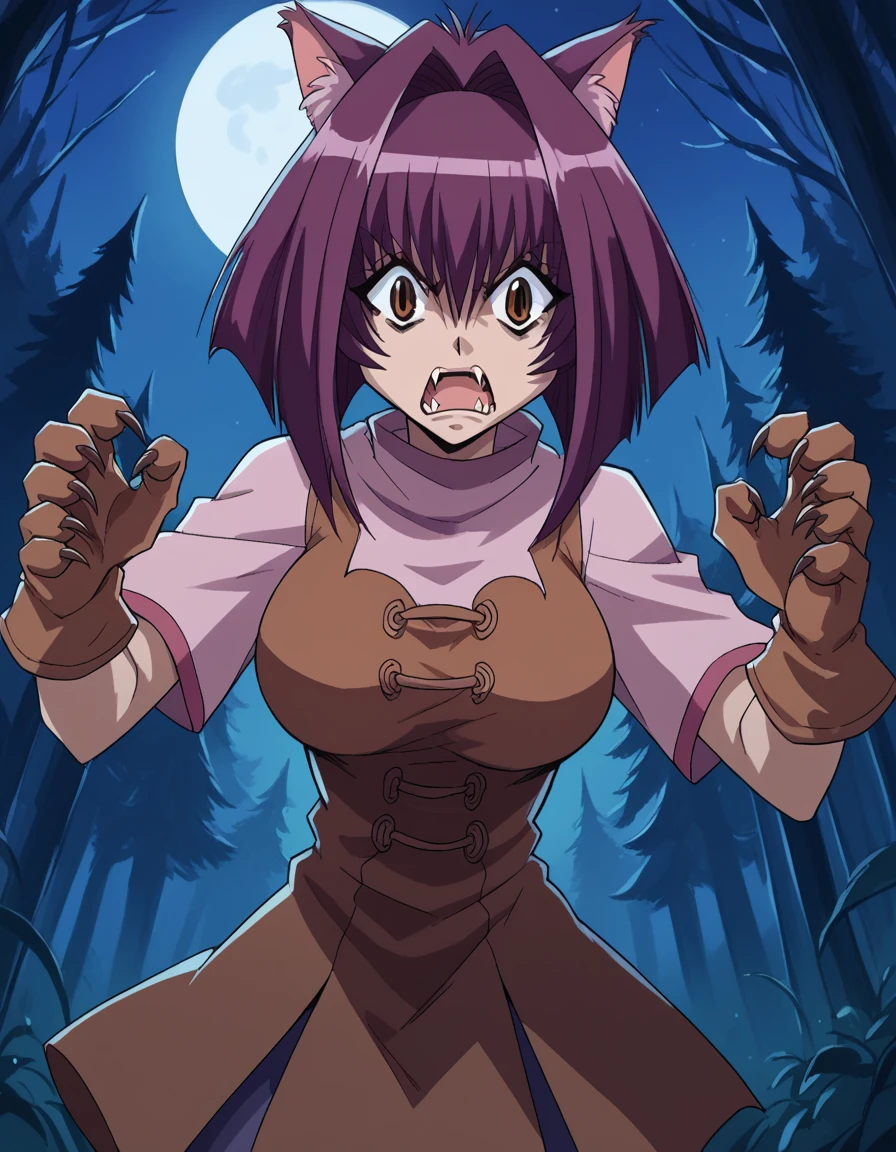 score_9, score_8_up, score_7_up, source_anime, <lora:karin-maaka-s1-ponyxl-lora-nochekaiser:1>, karin maaka, short hair, brown eyes, purple hair, hair intakes, bangs, large breasts,, <lora:werewolf-ponyxl-lora-nochekaiser:1>, werewolf, furry, fangs, animal ears, gloves, angry, teeth, animal ear fluff,, forest, night, moon, open mouth, , dutch angle, cowboy shot