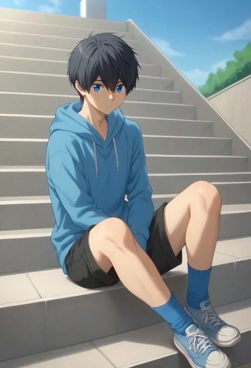 score_9, score_8_up, score_7_up, source_anime, highly detailed, 

haruka, 1boy, male focus, solo, black hair, short hair, hair between eyes, blue eyes, hoodie, hood, blue hoodie,  shorts, black shorts, socks, shoes, sneakers, slender, skinny,

outdoor, sky, building, stairs, sit, dawn, shadows, 