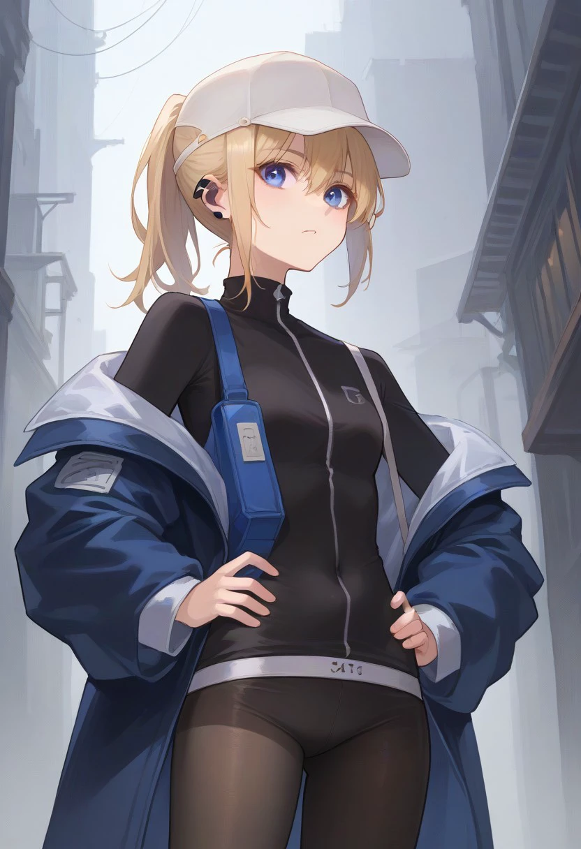 score_9, score_8_up, score_7_up, source_anime, BREAK, standing, hands on hips, cowboy shot, ponytail, blonde hair, blue eyes, hat, earpiece, long sleeve, off-shoulder jacket, bag, pantyhose, kneepad