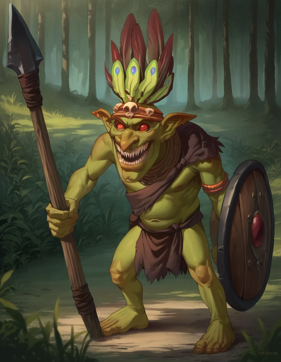 score_9, score_8_up, score_7_up, source_cartoon, 2d, 
ForestGoblin, headdress, sharp teeth, red eyes, red sclera, blank eyes,
holding spear, shield,
<lora:ForestGoblin:0.8>