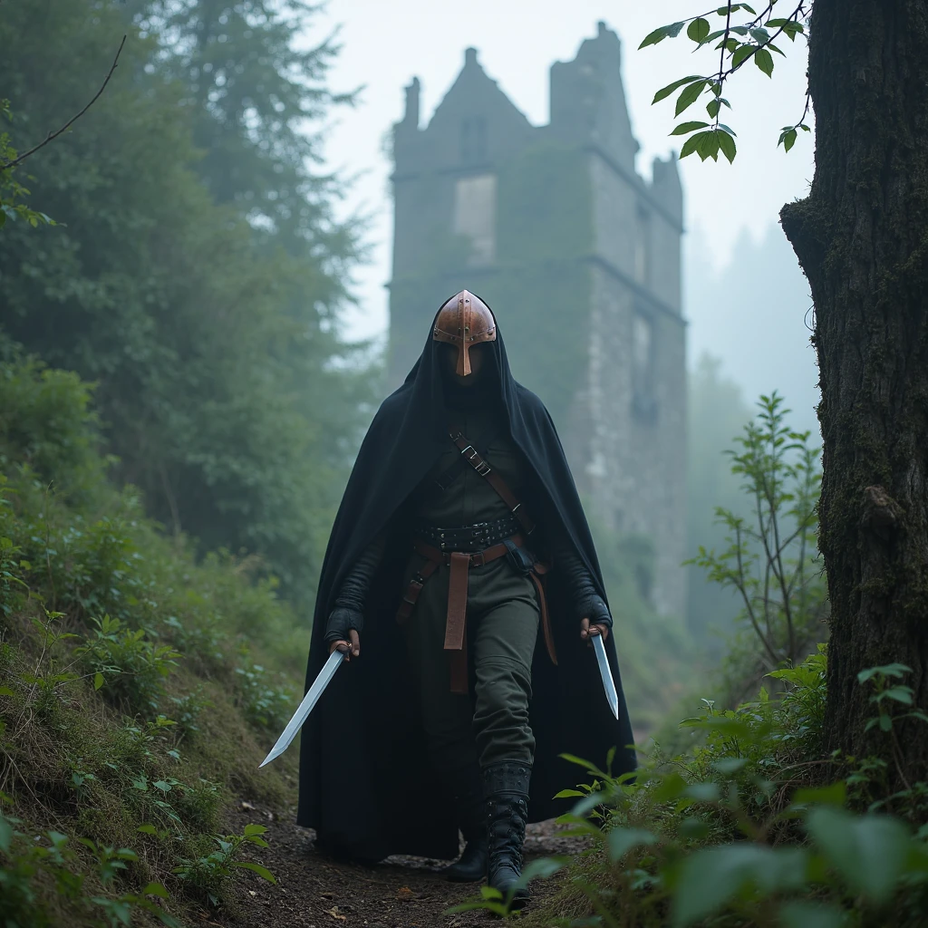 A hooded rogue emerges from the shadow of a dense forest, their rusty norman helmet partially hidden beneath a dark cloak. The figure holds a dagger in each hand, their posture low and stealthy. The background reveals a crumbling stone tower wrapped in overgrown vines, barely visible through the thick mist. The rogue’s movements are silent, but there’s an air of deadly precision in their stride, their helmet reflecting the muted colors of the overcast sky above.