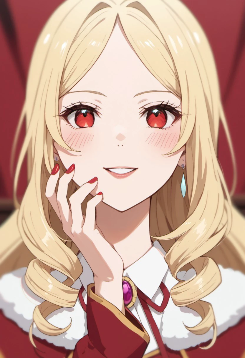 score_9, score_8_up, score_7_up, source_anime, eleonora hillrose, long hair, blonde hair, red eyes, 1girl, solo, looking at viewer, smile, close-up, nail polish, parted lips, red nails, blush, depth of field