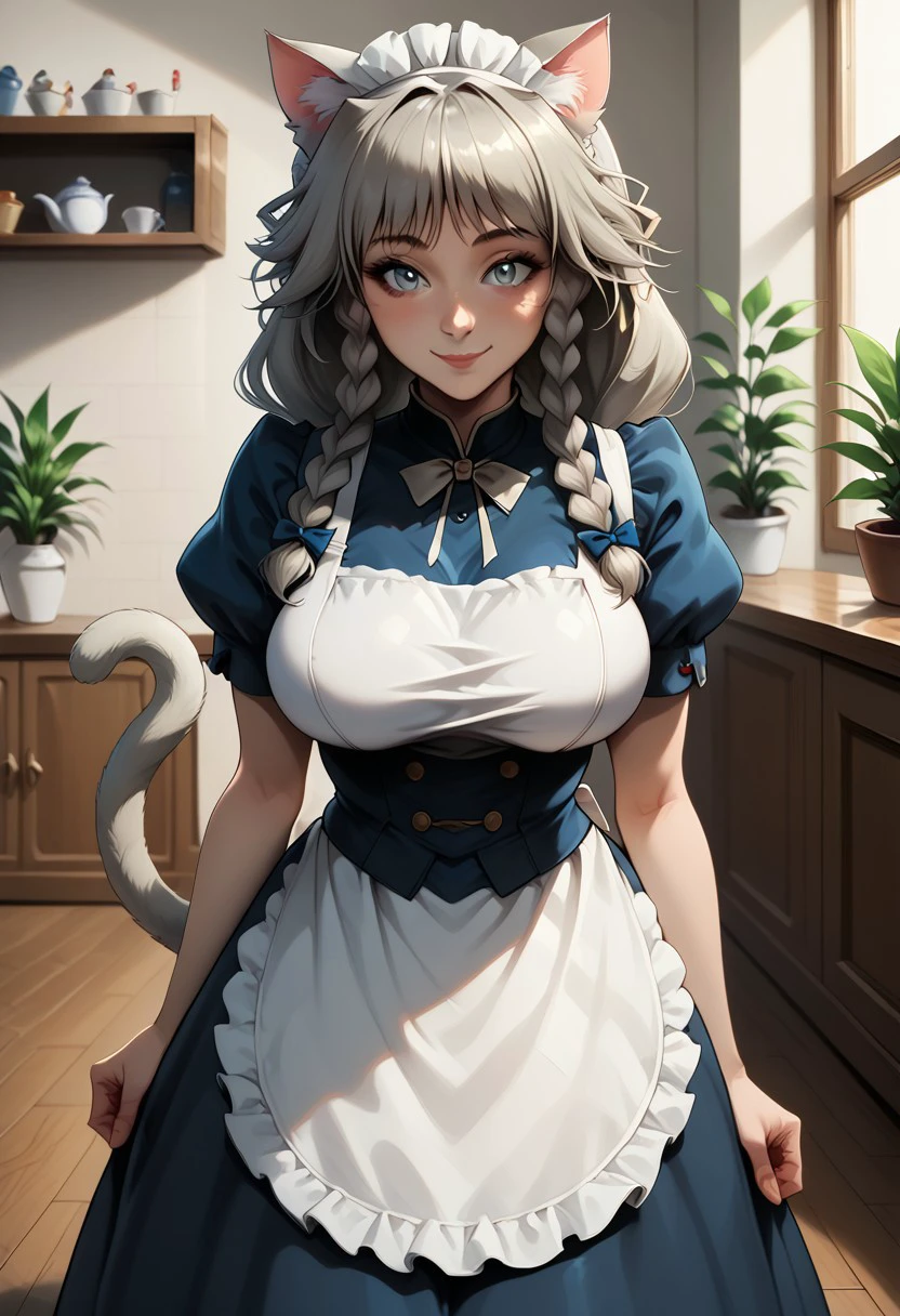 score_9, score_8_up, score_7_up, 
gr4yfi4luc1fug3, Grayfia Lucifuge ,1girl, solo, long hair, breasts, looking at viewer, smile, bangs, large breasts, dress, bow, animal ears, closed mouth, tail, braid, short sleeves, hair bow, grey hair, puffy sleeves, indoors, cat ears, apron, twin braids, puffy short sleeves, cat tail, grey eyes, maid, maid headdress, blue bow, plant, cat girl, wooden floor,