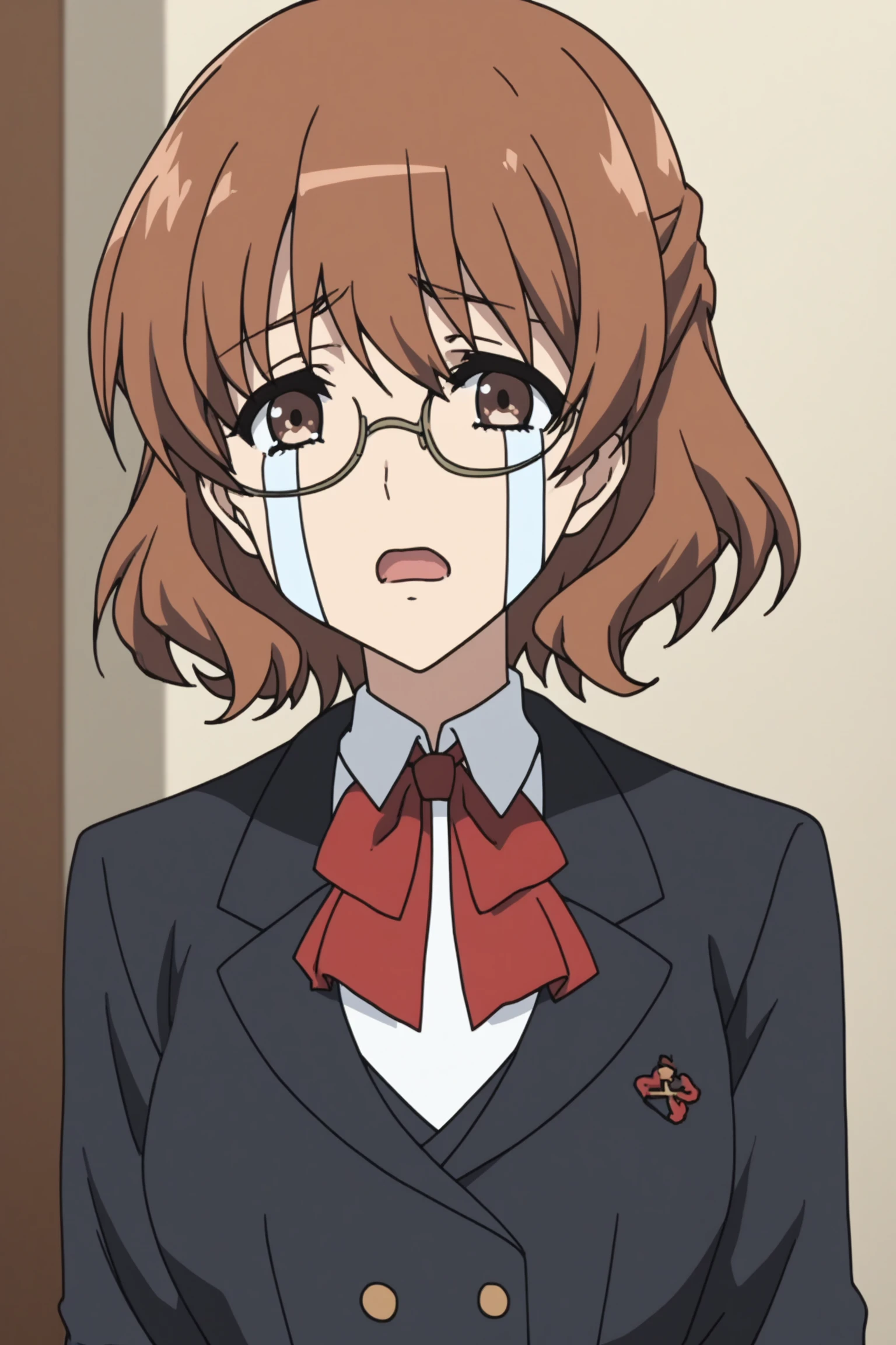 score_9, score_8_up, score_7_up, score_6_up, score_5_up, source_anime, rating_safe, medium breasts, indoors, 1girl, solo, looking at viewer, <lora:age_slider_v4:3>, streaming tears, <lora:Streaming_Tears-000001:2>, sakuragi yukari, brown hair, short hair, orange hair bow, brown eyes, green semi-rimless eyewear, yukarischoolwinter, school uniform, blazer, long sleeves, black jacket, white shirt, collared shirt, red neckerchief, school emblem, blue skirt, pleated skirt, black kneehighs, loafers, <lora:Yukari_Sakuragi:0.8>, (anime screencap:1.5), crying, open mouth, (cowboy shot:1.4)