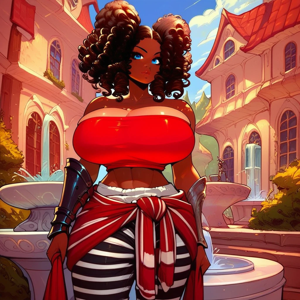 a very sexy curvy black woman, beautiful detailed eyes, beautiful detailed lips, extremely detailed face and body, long eyelashes, tanned skin, tight white tank top, tight black pants, cinched waist, hourglass figure, alluring expression, photorealistic, 8k, hyper detailed, masterpiece, chiaroscuro lighting, dramatic shadows, warm color palette, has dreadlocks, has big lips