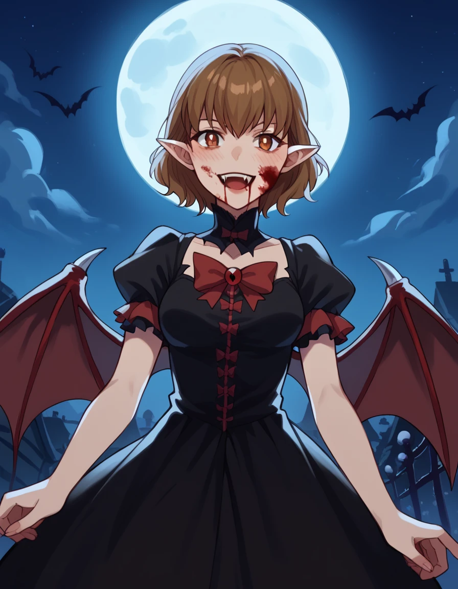 score_9, score_8_up, score_7_up, source_anime, <lora:honoka-tsutsui-s2-ponyxl-lora-nochekaiser:1>, honoka tsutsui, short hair, brown hair, brown eyes, medium breasts,, <lora:vampire-ponyxl-lora-nochekaiser:1>, vampire, red eyes, pointy ears, fangs, black dress, wings, blood, blood on face, blood on mouth, bat (animal), halloween, halloween costume, upper teeth only, night, moon, blush, smile, open mouth, , dutch angle, cowboy shot