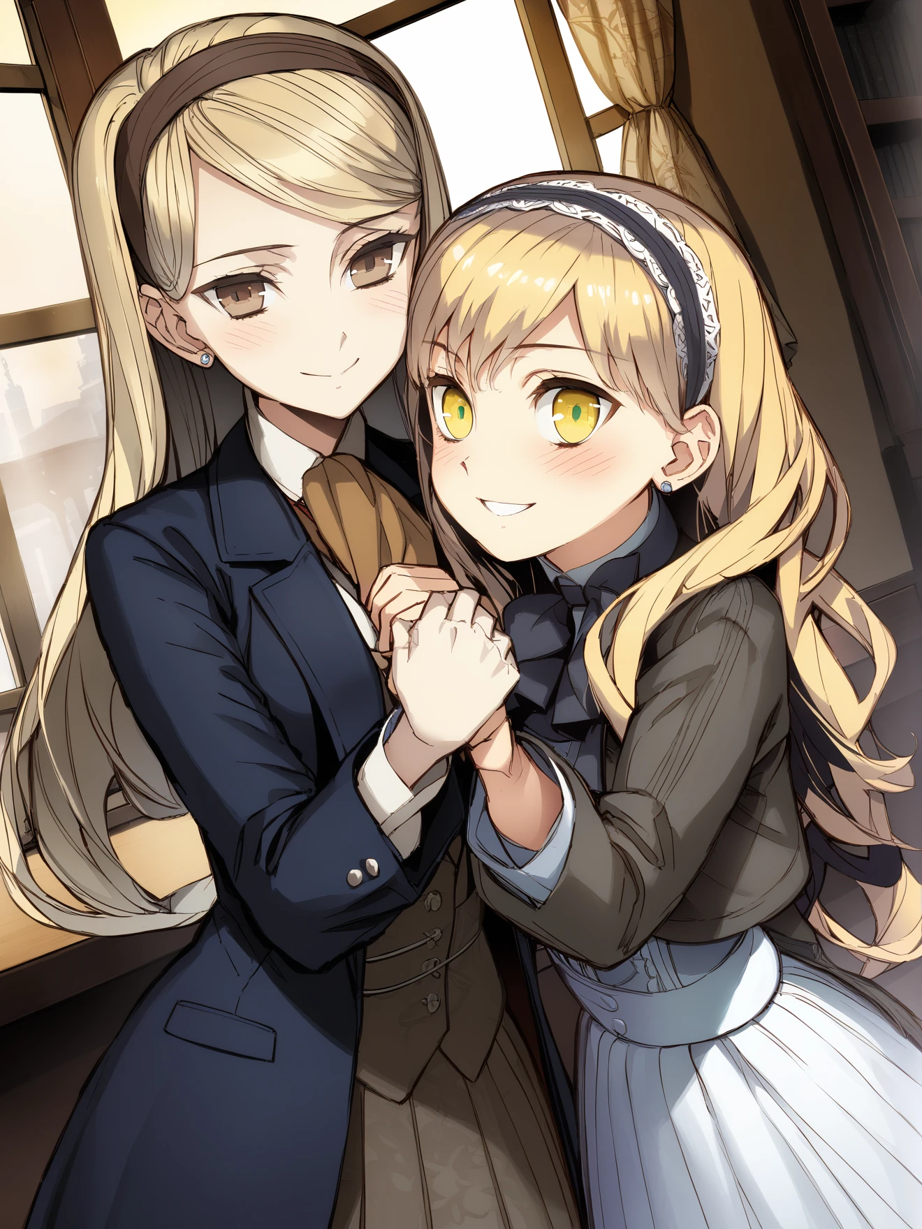 masterpiece, best quality, high quality, aesthetic, absurdres, insanely detailed,
2girls, smile, brown hair, jewelry, dutch angle, blonde hair, earrings, arm hug, formal, hairband, indoors, brown eyes, scarf, green eyes, blush, window, suit, long hair, skirt, looking at viewer, yellow eyes, ribbon, holding another's arm, 
<lora:akira-style-xl_v1.0:1>