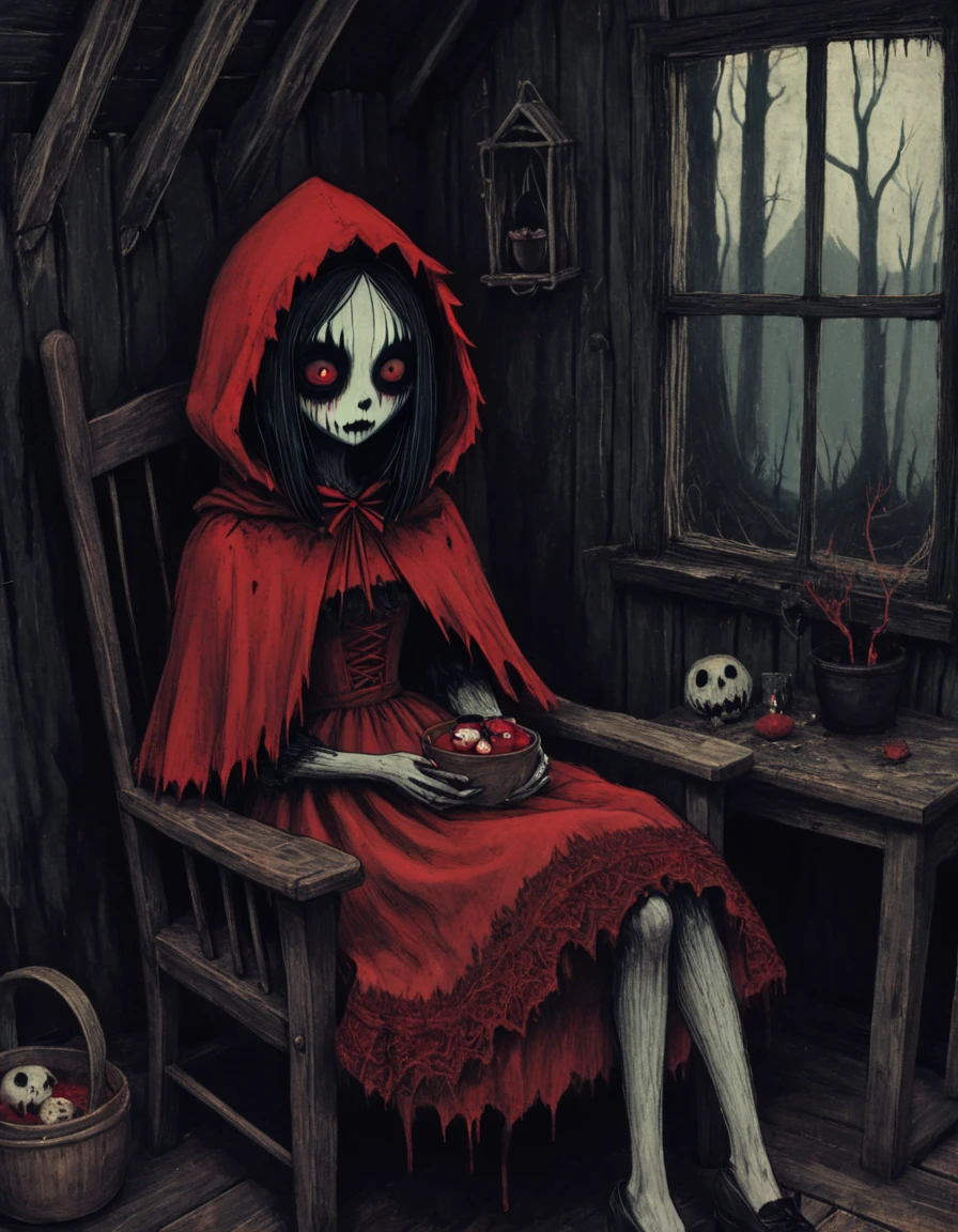 novuschroma style red riding hood sitting in a chair in a creepy old cabin