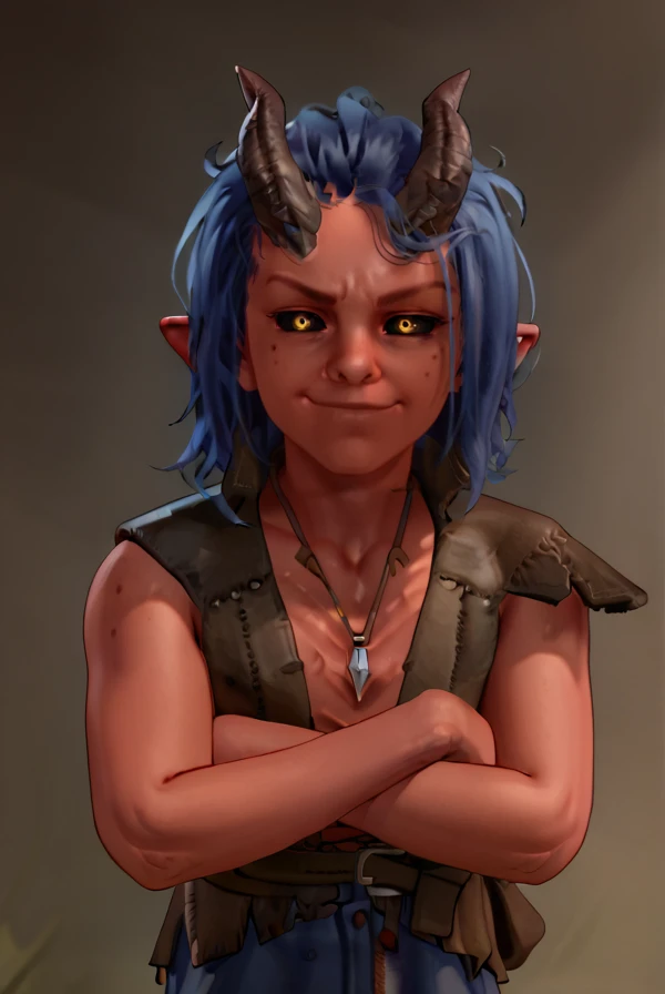 score_8_up, 1boy, solo, femboy, mattis, red skin, blue hair, horns, necklace, leather vest, looking at viewer, arms crossed, [smug], black sclera, yellow eyes, simple background, teen boy,   <lora:Mattis_V2:1>    <lora:Lunas-Kairunoburogu-SDXL-A1:1>