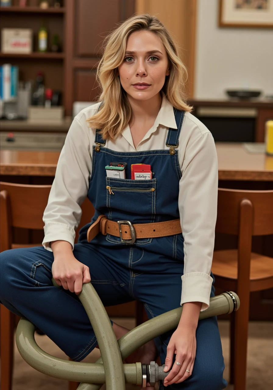 Elizabeth Olsen in a plumber's costume repairs a pipe