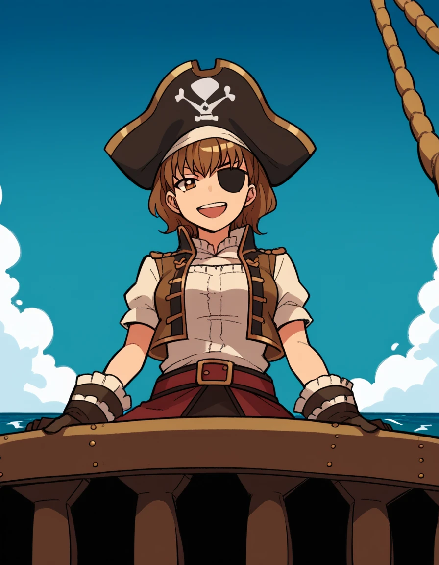 score_9, score_8_up, score_7_up, source_anime, <lora:honoka-tsutsui-s2-ponyxl-lora-nochekaiser:1>, honoka tsutsui, short hair, brown hair, brown eyes, medium breasts,, <lora:pirate-costume-ponyxl-lora-nochekaiser:1>, pirate costume, pirate hat, skirt, gloves, jacket, shirt, eyepatch,, blue sky, sea, ocean, pirate ship, treasure, gold, smug, open mouth, from below, sitting,, , dutch angle, cowboy shot