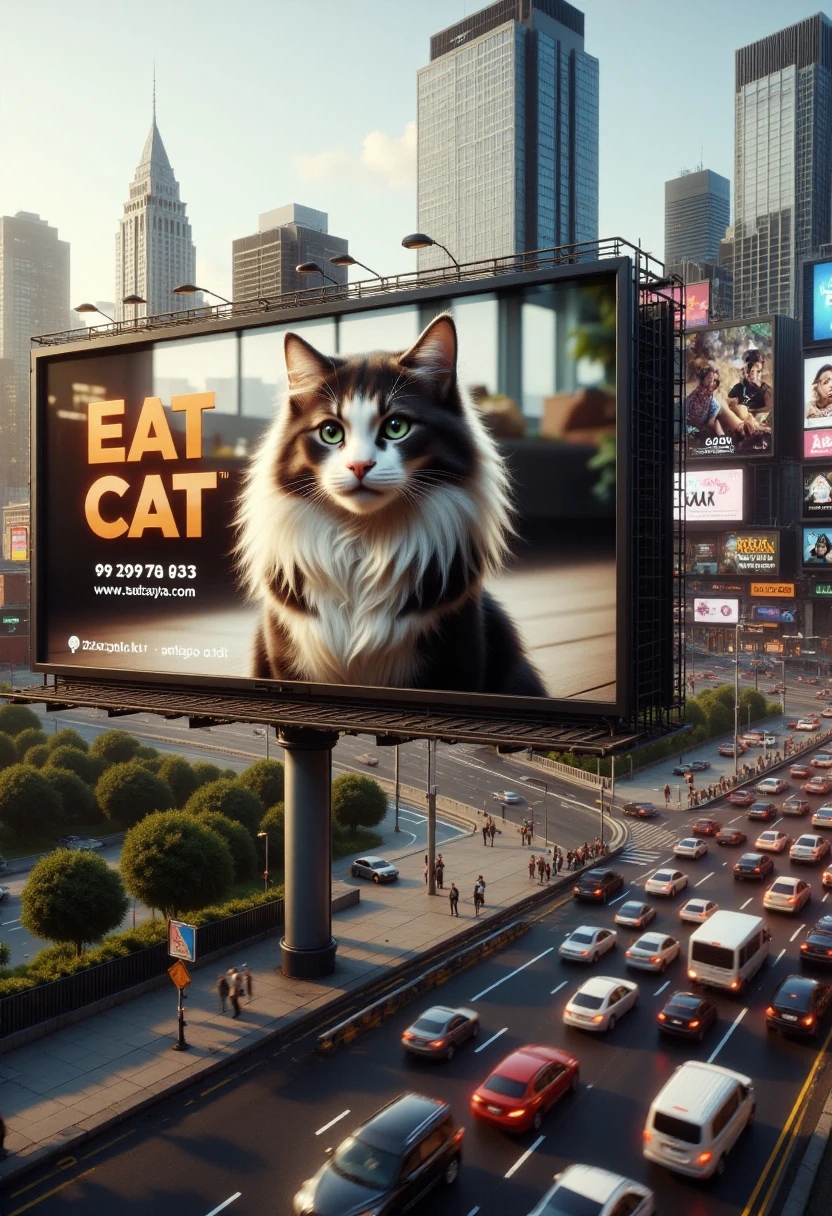 <lora:Billboard_Builder_FLUX-000011:0.8> <lora:KFT_Furry_Enhancer_F1D-000017:0.7> 
This image is a highly detailed, CGI-rendered scene of a modern cityscape with a large billboard dominating the foreground. The billboard, mounted on a sturdy metal structure, displays a high-quality digital illustration of a fluffy, gray and white cat with piercing green eyes, captioned "EAT CAT" in bold, orange letters at the top. The cat's image is accompanied by a phone number and website, suggesting it's an advertisement for a pet adoption agency or a cat-themed business.
The scene is set in a bustling city at dawn or dusk, with the sky transitioning from a warm, golden hue to a cooler blue. Tall skyscrapers with sleek, modern designs stretch into the background, their glass facades reflecting the soft light. The cityscape is vibrant with various neon advertisements, adding a colorful, energetic atmosphere.
In the foreground, a multi-lane highway is filled with cars, some blurred to indicate motion, suggesting the scene is dynamic.