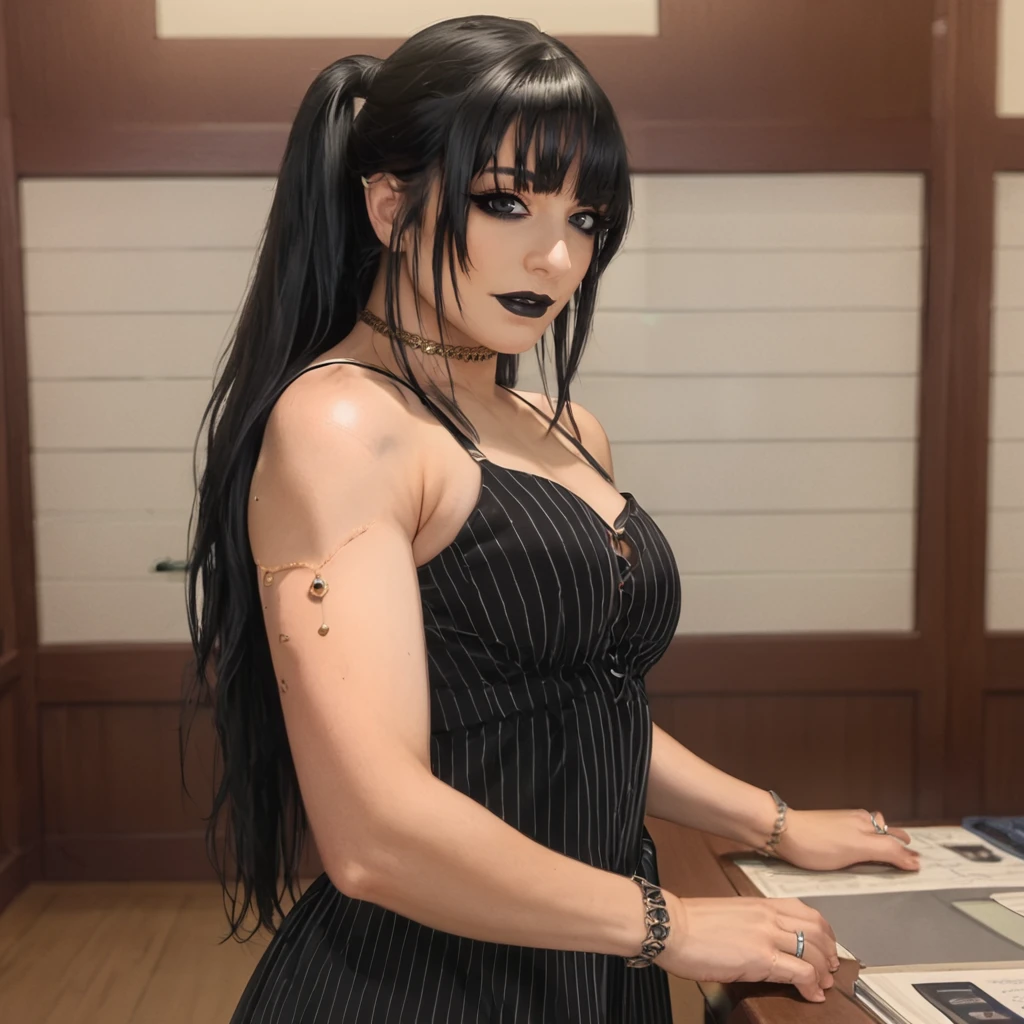 sacore_9, masterpiece, score_8, best quality, <lora:Pony_Tatum_Paxley:1>, t@tump@x, 1girl, solo, black hair, dress, black lips, breasts, long hair, jewelry, black dress, looking at viewer, ring, bangs, ponytail, striped, black eyes, upper body, indoors