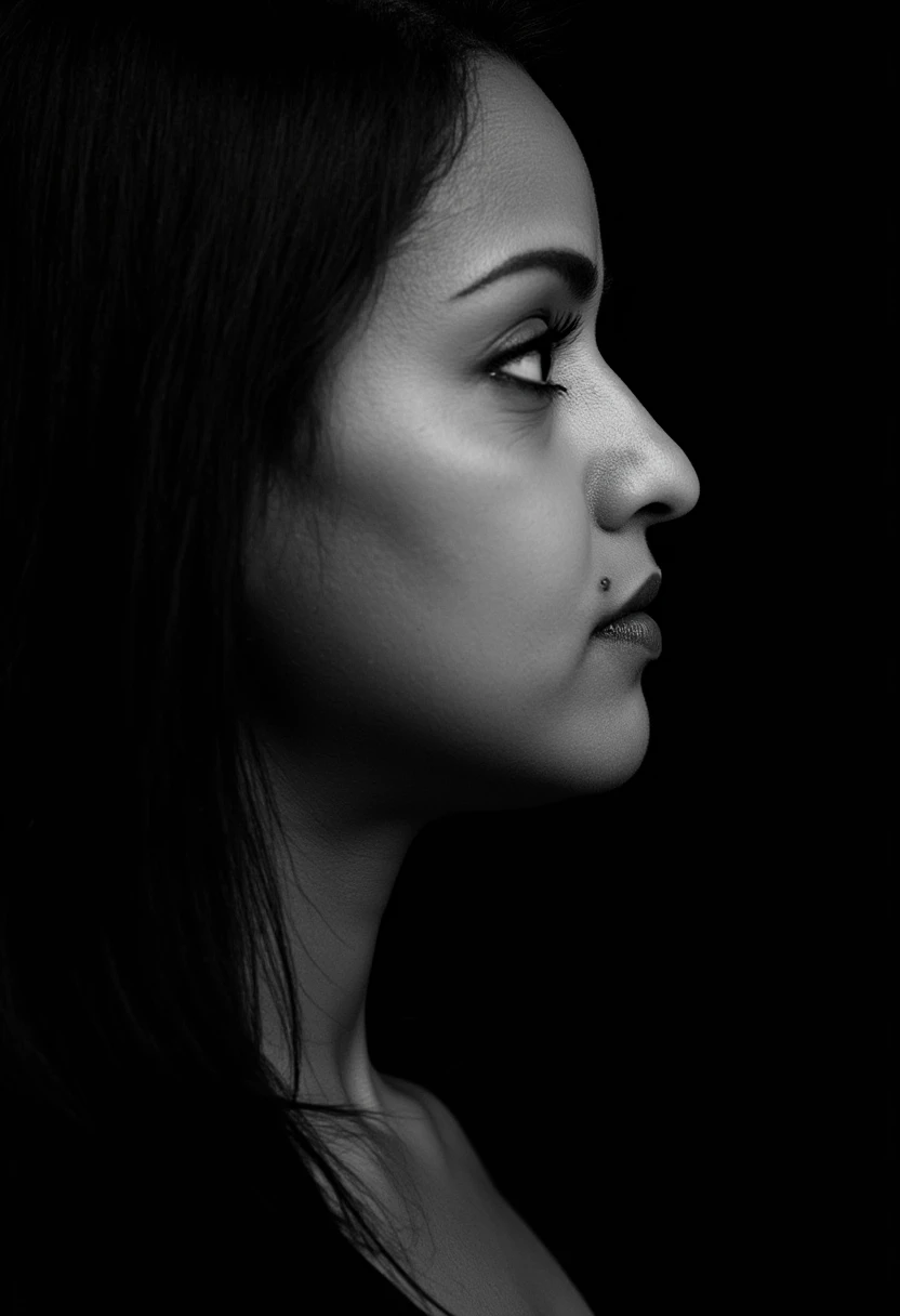 a black and white face profile photo of sawsanchebli, a woman. She is facing right. The background is black.
