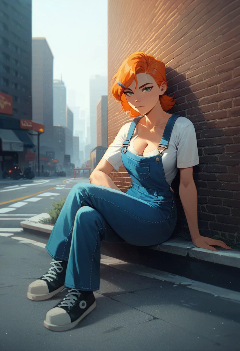 score_9, score_8_up, score_7_up, score_6_up, (2Wonderful), solo, adult, Gwendolyn_Tennyson, cleavage, overalls, city background, sitting, outdoors, looking at viewer, orange hair