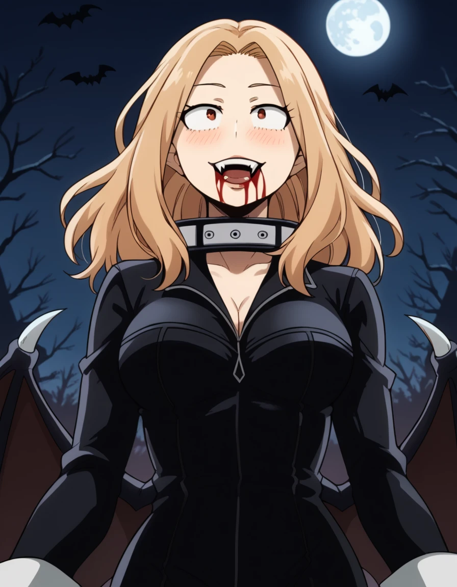 score_9, score_8_up, score_7_up, source_anime, <lora:camie-utsushimi-s3-ponyxl-lora-nochekaiser:1>, camie utsushimi, long hair, blonde hair, brown eyes, large breasts,, <lora:vampire-ponyxl-lora-nochekaiser:1>, vampire, red eyes, pointy ears, fangs, black dress, wings, blood, blood on face, blood on mouth, bat (animal), halloween, halloween costume, upper teeth only, night, moon, blush, smile, open mouth, , dutch angle, cowboy shot