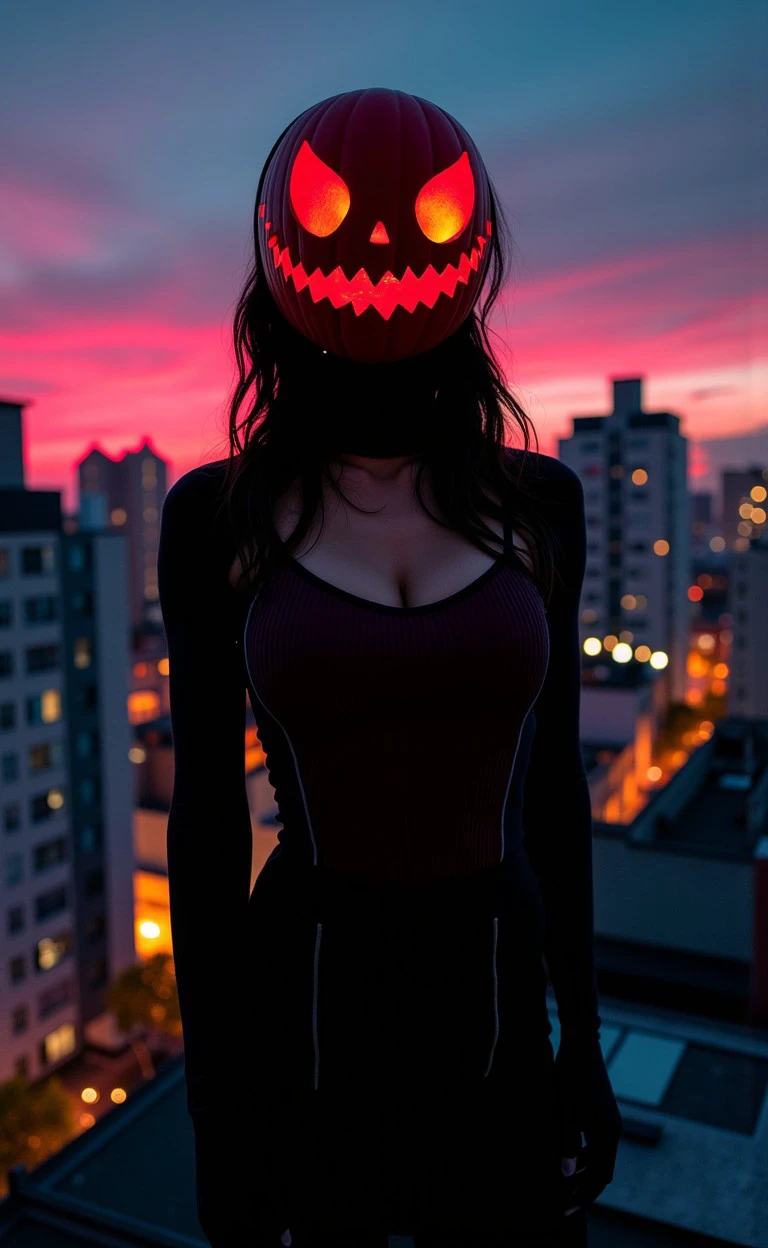 pampkihad woman, Marvel Comics, sinister Rooftop city view and twilight ambiance
<lora:halloween_s01_pumpkin_head_pampkihad:1>