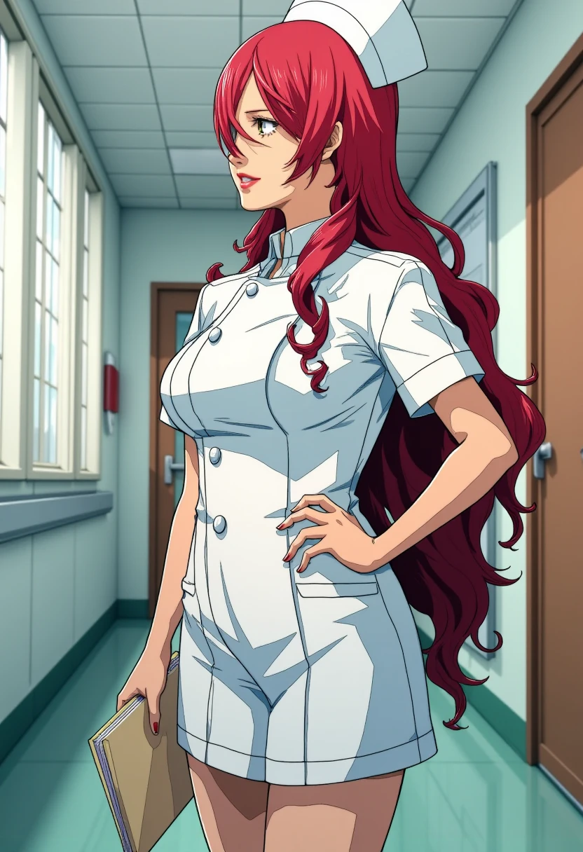 A detailed solo portrait of mitsuru kirijo
Anime style, sharp, high contrast and highly detailed.,
<lora:persona_3_mitsuru_kirijo_flux_v1_2-000013:1>,,
She is standing inside a ward. She is holding a folder. She wears a white nurse outfit and nurse cap with matching colors. Full body, wide angle. <lora:Nurse Anime V3_epoch_3:1>