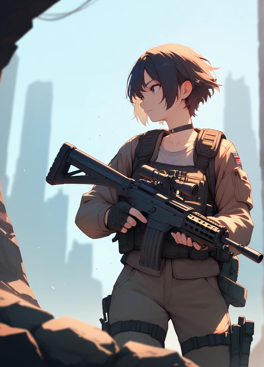 1girl, solo, short hair, choker, tactical uniform, cowboy shot, (assault rifle, trigger discipline), score_9, score_8_up, score_7_up, score_6_up,
