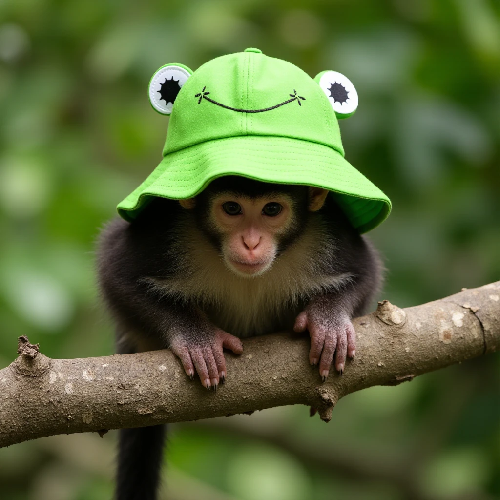 A monkey wearing a froggy hat <lora:Froggy_Hat:1>